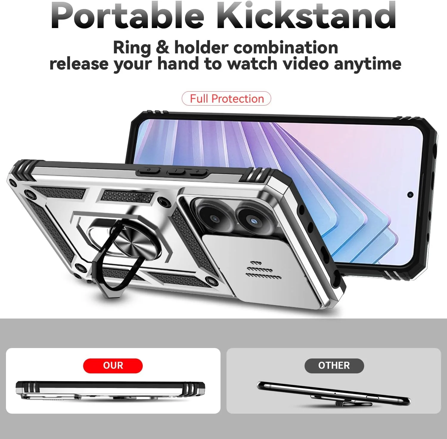 کاور گوشی موبایل سازگار با شیائومی ردمی نوت 14 4G، دارای محافظ لنز کشویی، محافظ صفحه نمایش شیشه ای حرارت دیده، حلقه نگهدارنده، استند، مقاوم، باریک، محافظ تلفن همراه، مناسب بانوان و آقایان، درجه نظامی، هایبرید، سفید