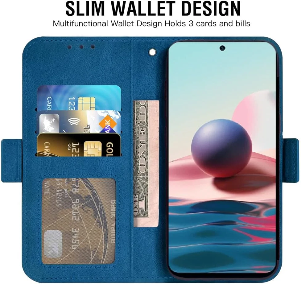 کیف پول چرمی سازگار با گوشی شیائومی ردمی نوت 10/10S 4G به همراه محافظ صفحه نمایش شیشه ای، دارای جای کارت و استند، مناسب برای خانم ها و آقایان - آبی