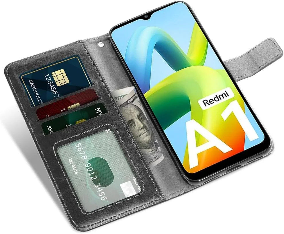 کیف پول چرمی Asuwish سازگار با Xiaomi Redmi A1، محافظ صفحه نمایش شیشه ای حرارت دیده و کیف تاشو دارای جای کارت، لوازم جانبی تلفن همراه برای Redmi A1 2022، مناسب برای خانم ها و آقایان - مشکی