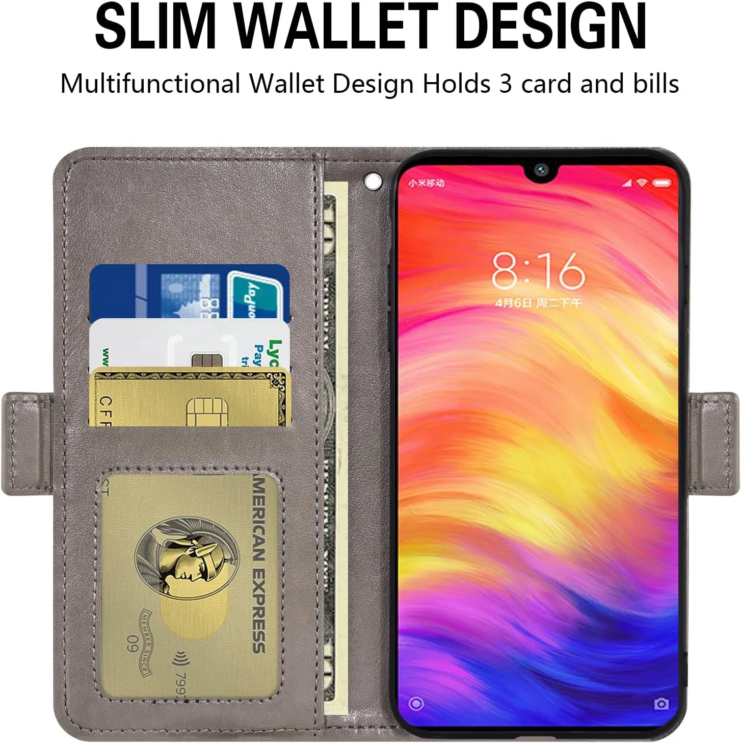 کیف پول گوشی سازگار با شیائومی ردمی نوت 7/7 پرو به همراه محافظ صفحه نمایش شیشه ای، بند مچی و جای کارت، مناسب برای ردمی نوت 7 پرو 7s، خاکستری