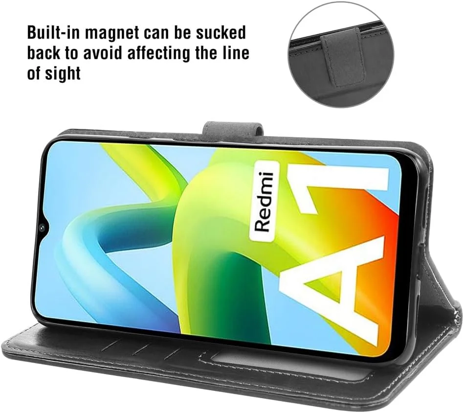 کیف پول چرمی Asuwish سازگار با Xiaomi Redmi A1، محافظ صفحه نمایش شیشه ای حرارت دیده و کیف تاشو دارای جای کارت، لوازم جانبی تلفن همراه برای Redmi A1 2022، مناسب برای خانم ها و آقایان - مشکی