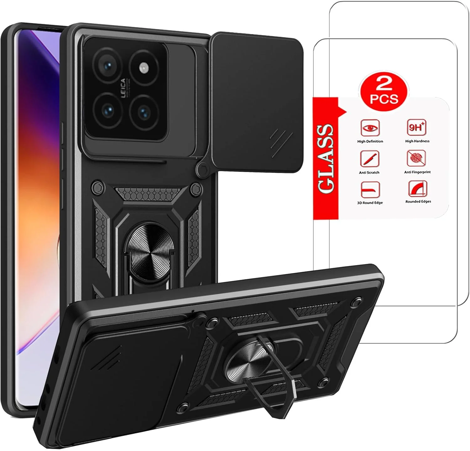 قاب محافظ گوشی شیائومی 14T به همراه [2 عدد] محافظ صفحه نمایش شیشه ای، قاب محافظ [مقاوم در برابر ضربه] شیائومی 14T، با محافظ لنز، دارای پایه مغناطیسی مناسب برای هولدر ماشین (مشکی)