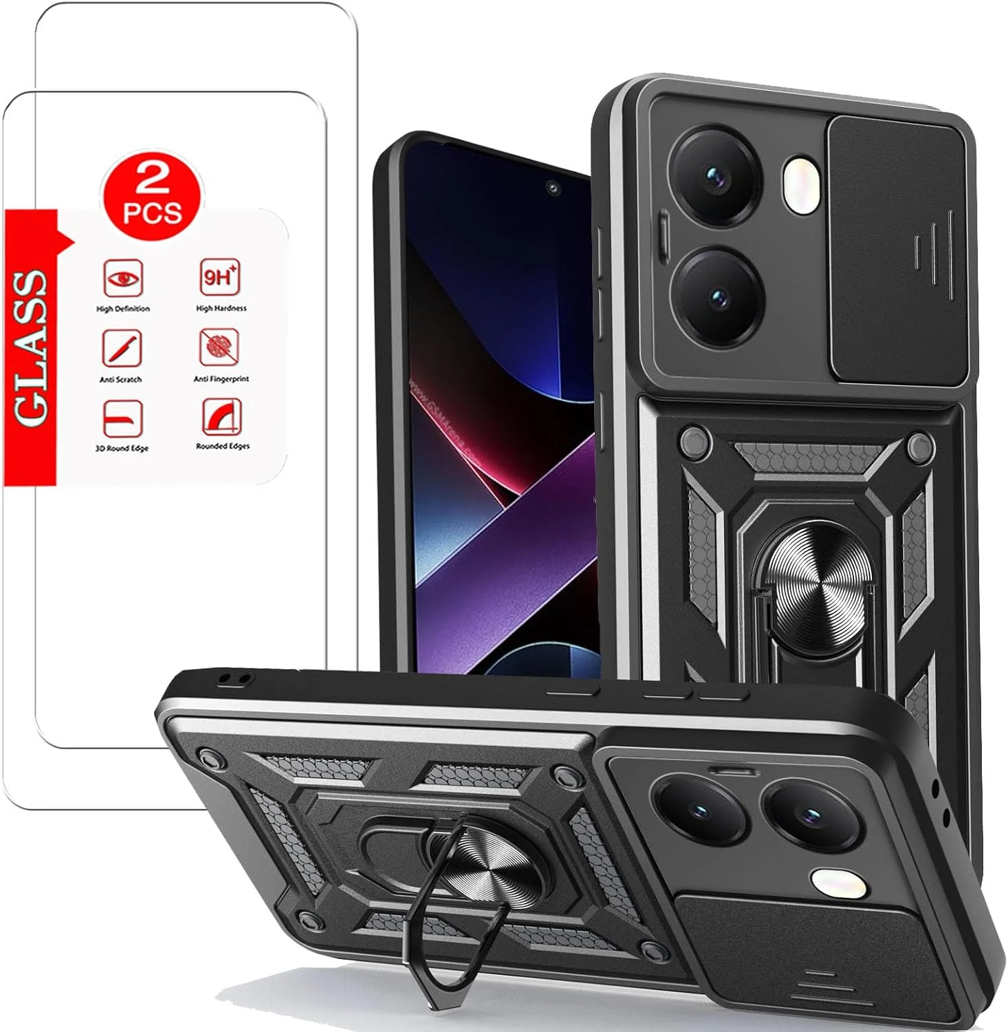 قاب محافظ گوشی شیائومی پوکو X7 پرو به همراه [2 عدد] محافظ صفحه نمایش شیشه ای حرارت دیده، قاب محافظ پوکو X7 پرو [مقاوم در برابر ضربه]، با محافظ لنز و پایه مغناطیسی - مشکی