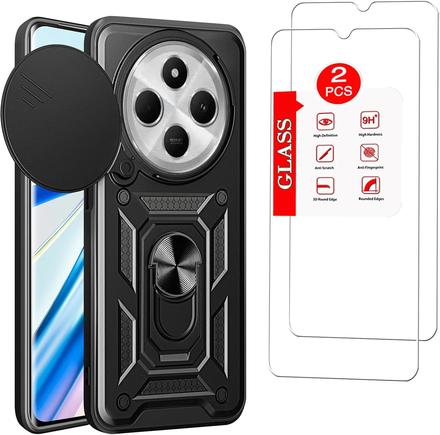 قاب محافظ گوشی شیائومی ردمی 14C به همراه [2 عدد] محافظ صفحه نمایش شیشه ای حرارت دیده، محافظ [درجه نظامی]، با محافظ لنز و پایه مغناطیسی مناسب برای هولدر ماشین