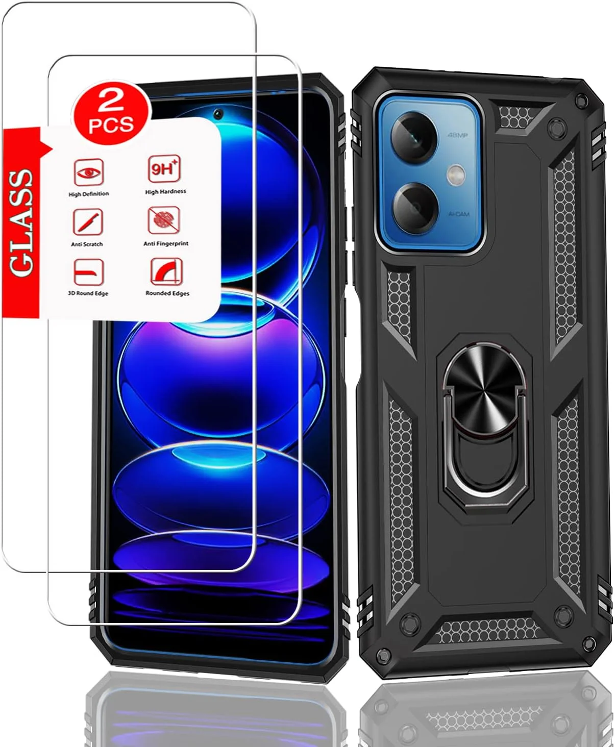 قاب محافظ گوشی موبایل مناسب برای شیائومی ردمی نوت 12 5G / پوکو X5 5G، محافظت سنگین، استند مغناطیسی، محافظ صفحه نمایش شیشه ای حرارت دیده، مشکی