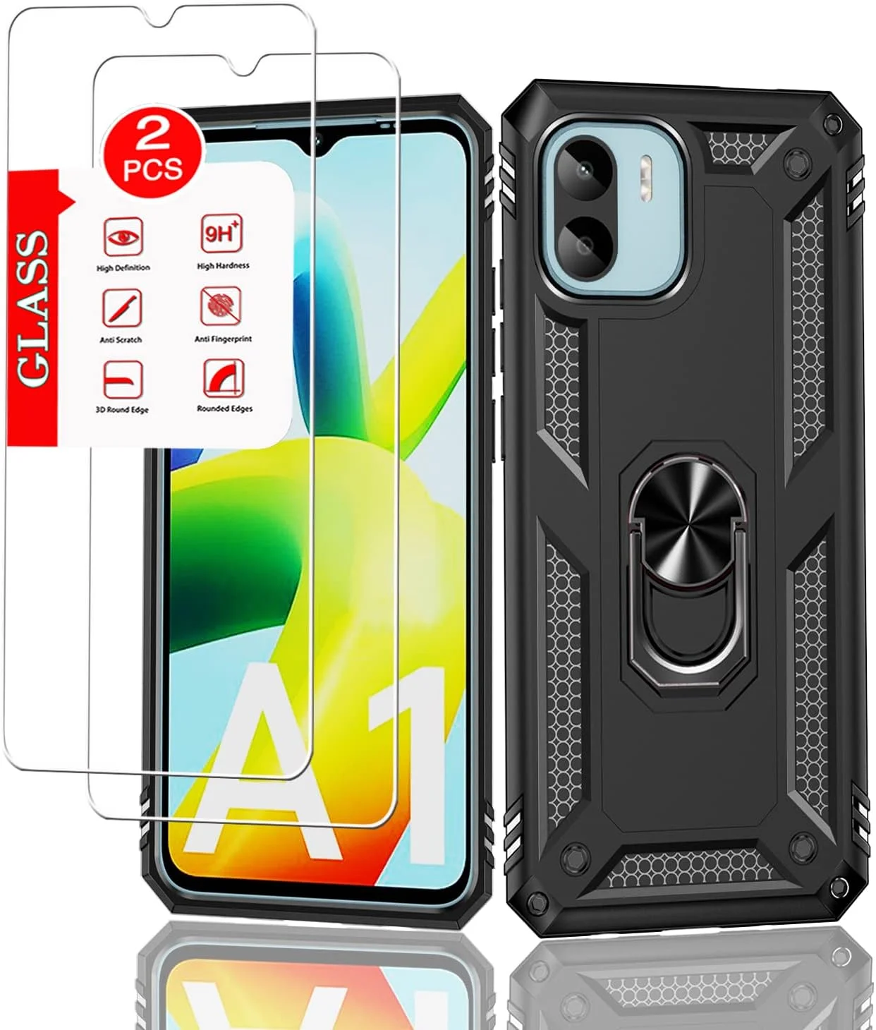 قاب محافظ مشکی رنگ مناسب برای گوشی شیائومی ردمی A1/A2 به همراه [2 عدد] محافظ صفحه نمایش شیشه ای حرارت دیده، قاب محافظ زرهی مقاوم و محافظتی [سطح نظامی]، به همراه حلقه مغناطیسی