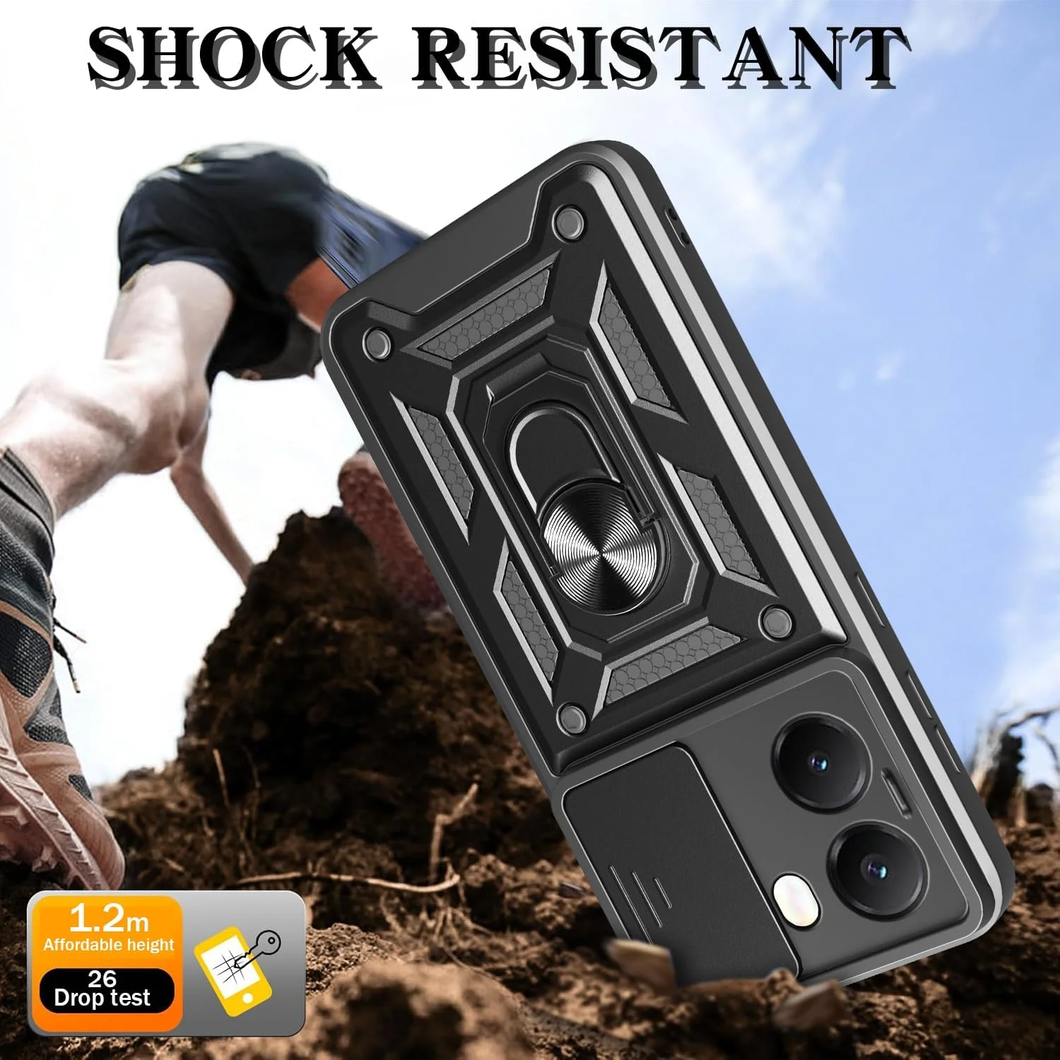 قاب محافظ گوشی شیائومی پوکو X7 پرو به همراه [2 عدد] محافظ صفحه نمایش شیشه ای حرارت دیده، قاب محافظ پوکو X7 پرو [مقاوم در برابر ضربه]، با محافظ لنز و پایه مغناطیسی - مشکی