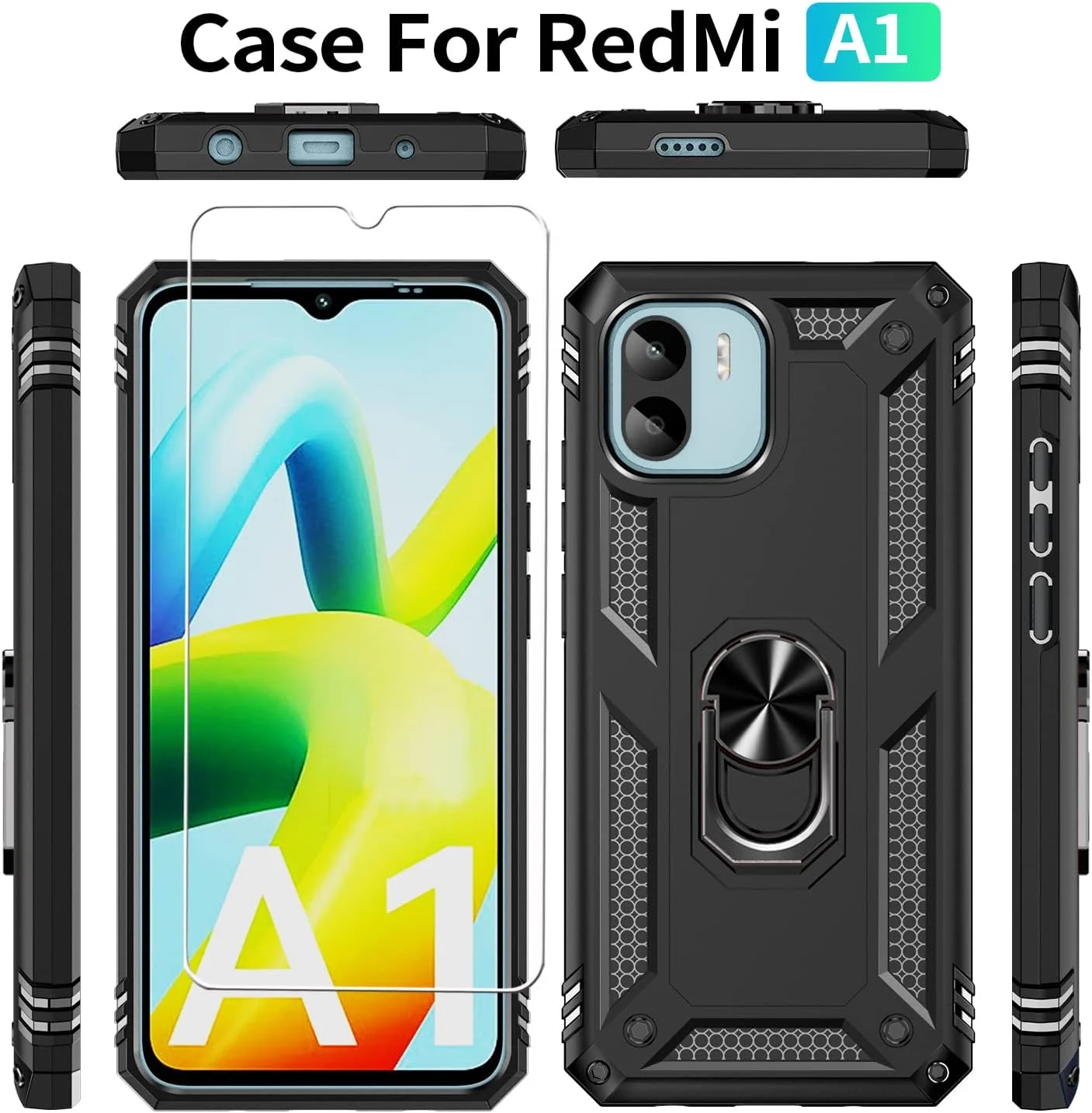 قاب محافظ مشکی رنگ مناسب برای گوشی شیائومی ردمی A1/A2 به همراه [2 عدد] محافظ صفحه نمایش شیشه ای حرارت دیده، قاب محافظ زرهی مقاوم و محافظتی [سطح نظامی]، به همراه حلقه مغناطیسی