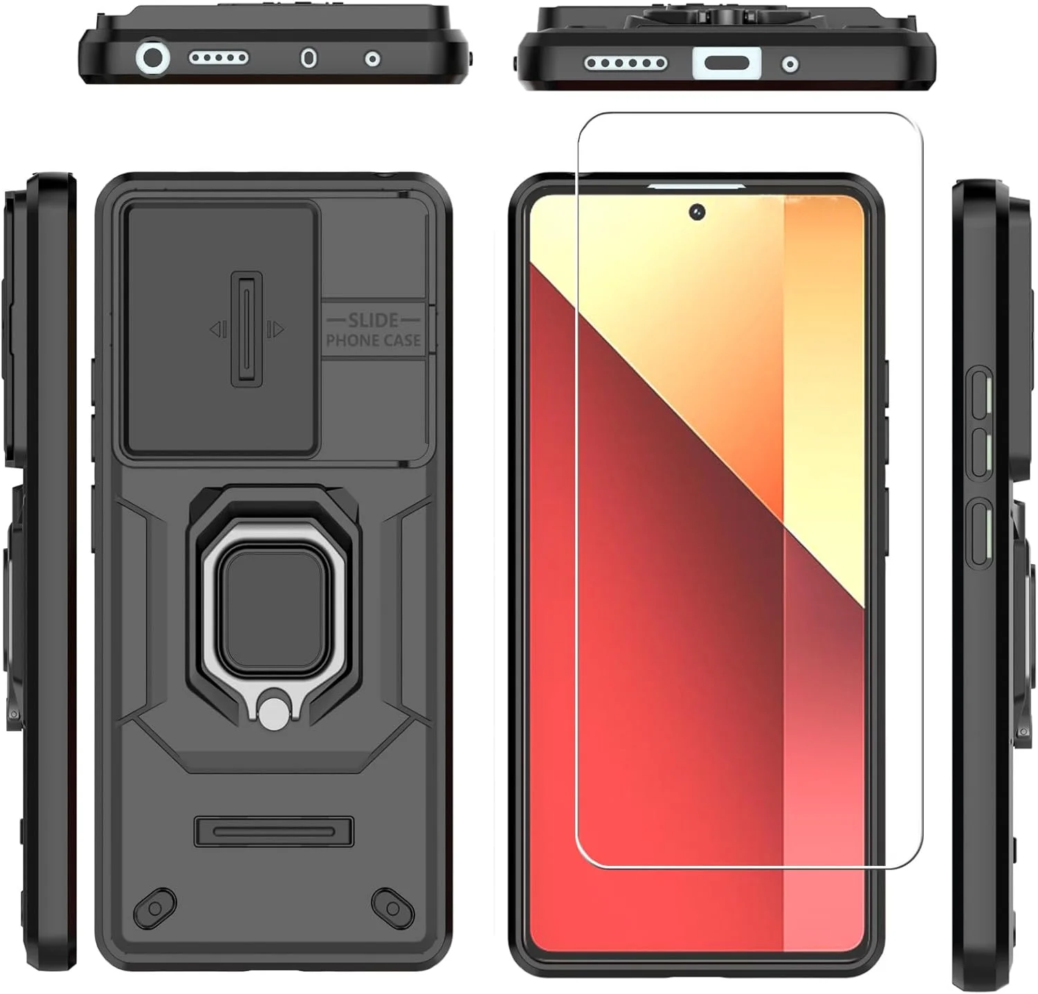 قاب محافظ گوشی شیائومی ردمی نوت 13 پرو 4G به همراه [2 عدد] محافظ صفحه نمایش شیشه ای حرارت دیده، محافظ لنز، پایه مغناطیسی، مشکی