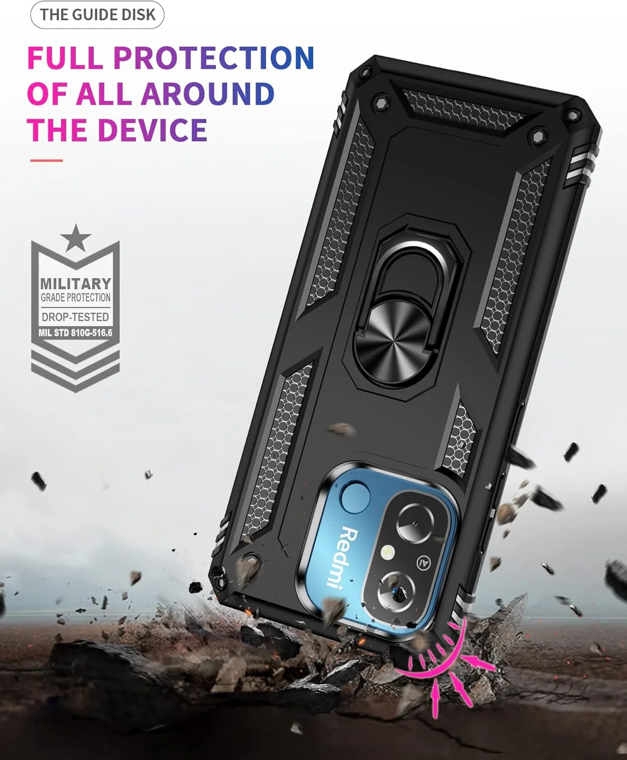 قاب محافظ گوشی شیائومی ردمی 12C / ردمی 11A به همراه [2 عدد] محافظ صفحه نمایش شیشه ای حرارت دیده، قاب محافظ زرهی مقاوم [سطح نظامی]، به همراه حلقه مغناطیسی نگهدارنده گوشی - مشکی