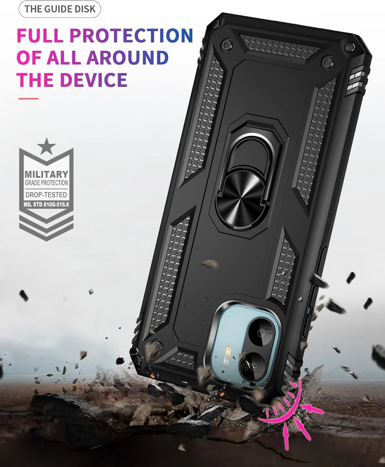 قاب محافظ مشکی رنگ مناسب برای گوشی شیائومی ردمی A1/A2 به همراه [2 عدد] محافظ صفحه نمایش شیشه ای حرارت دیده، قاب محافظ زرهی مقاوم و محافظتی [سطح نظامی]، به همراه حلقه مغناطیسی