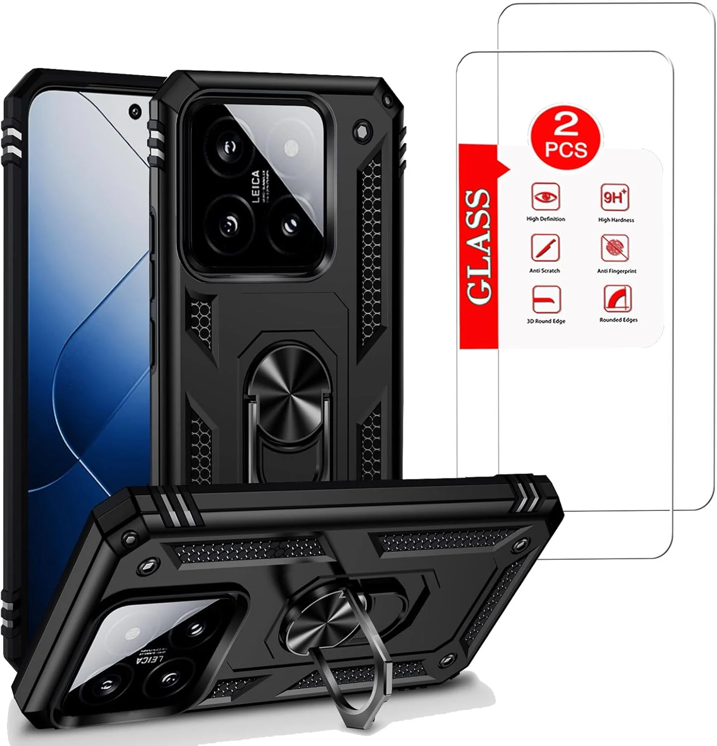 قاب محافظ مشکی رنگ مناسب برای گوشی شیائومی 14 به همراه 2 عدد محافظ صفحه نمایش شیشه ای حرارت دیده، قاب زره پوش بسیار مقاوم مناسب برای شیائومی 14، دارای استند حلقه ای مغناطیسی