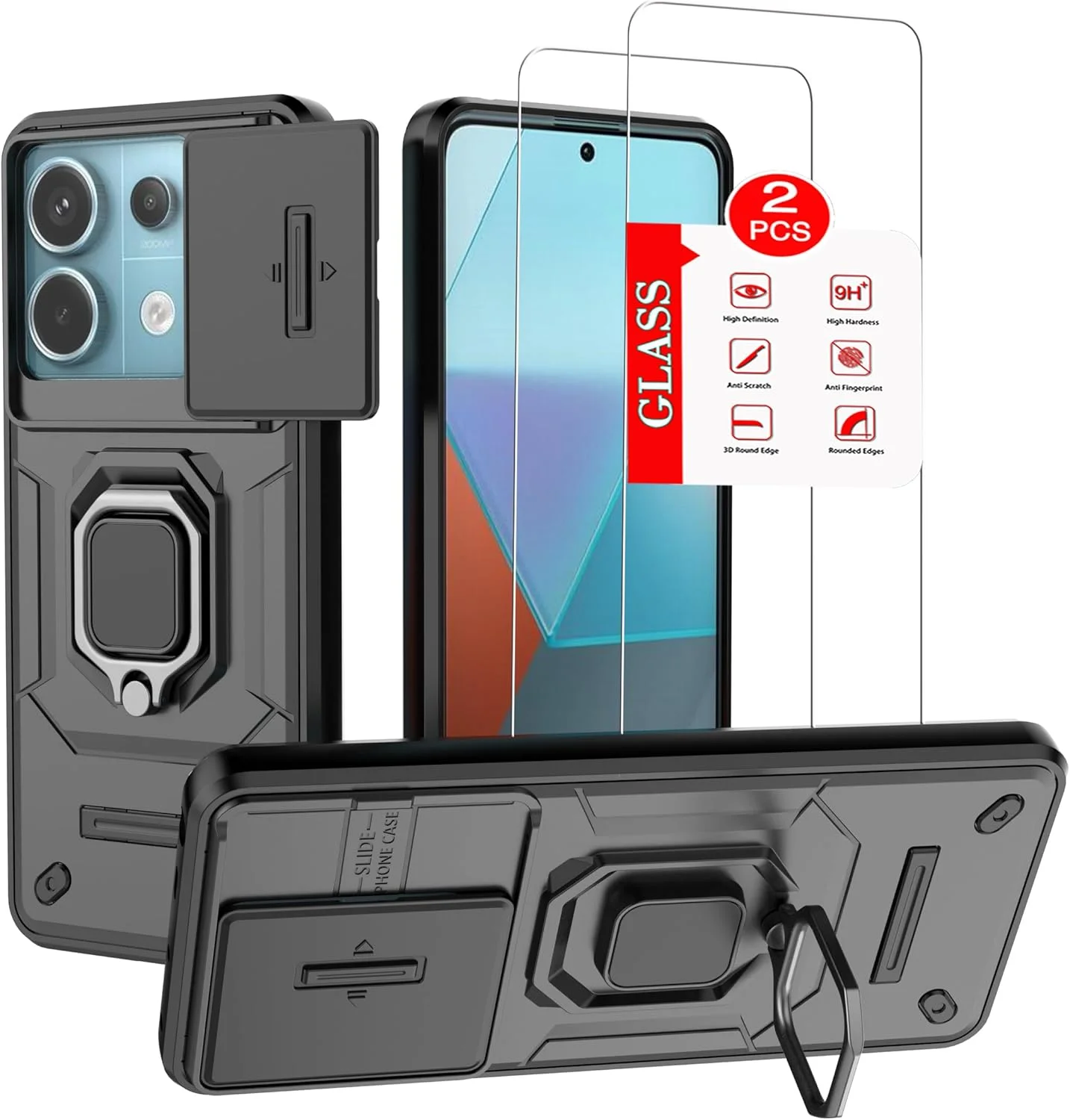 قاب محافظ گوشی موبایل برای شیائومی ردمی نوت ۱۳ پرو 5G - زره محافظتی درجه نظامی، به همراه ۲ عدد محافظ صفحه نمایش شیشه ای حرارت دیده، دارای پایه مغناطیسی (مشکی)