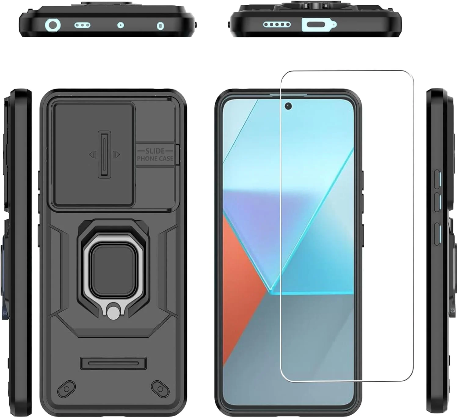 قاب محافظ گوشی موبایل برای شیائومی ردمی نوت ۱۳ پرو 5G - زره محافظتی درجه نظامی، به همراه ۲ عدد محافظ صفحه نمایش شیشه ای حرارت دیده، دارای پایه مغناطیسی (مشکی)