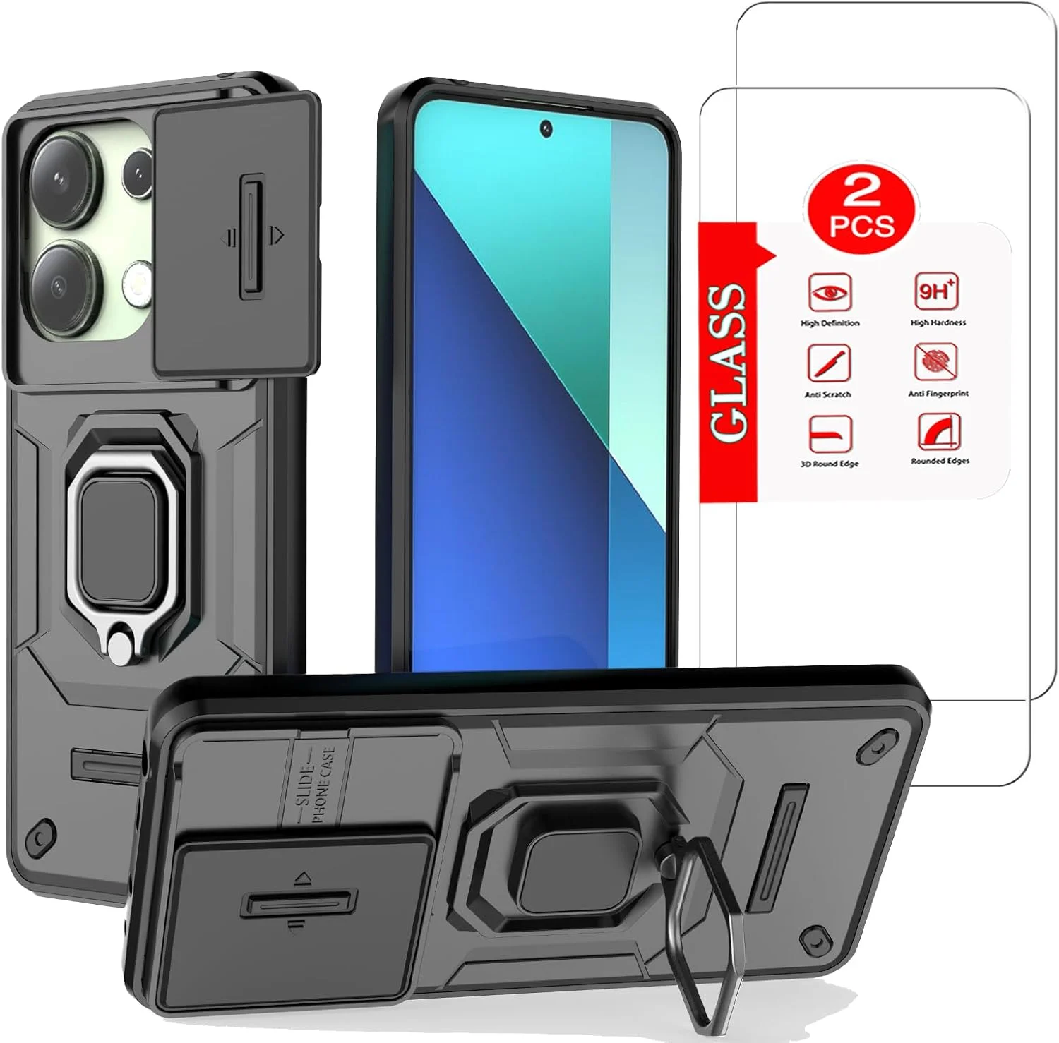 قاب محافظ مشکی رنگ مناسب برای گوشی شیائومی ردمی نوت ۱۳ 4G به همراه [2 عدد] محافظ صفحه نمایش شیشه ای حرارت دیده، محافظ زرهی مقاوم [درجه نظامی]، محافظ لنز و پایه مغناطیسی
