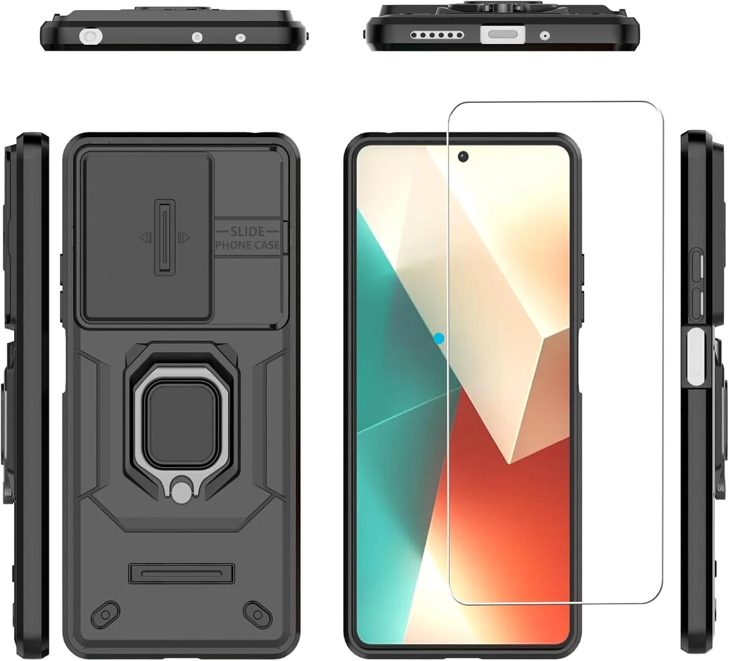 قاب محافظ گوشی شیائومی ردمی نوت ۱۳ 5G به همراه [2 عدد] محافظ صفحه نمایش شیشه ای، محافظ زرهی مقاوم [سطح نظامی]، محافظ لنز و استند مغناطیسی