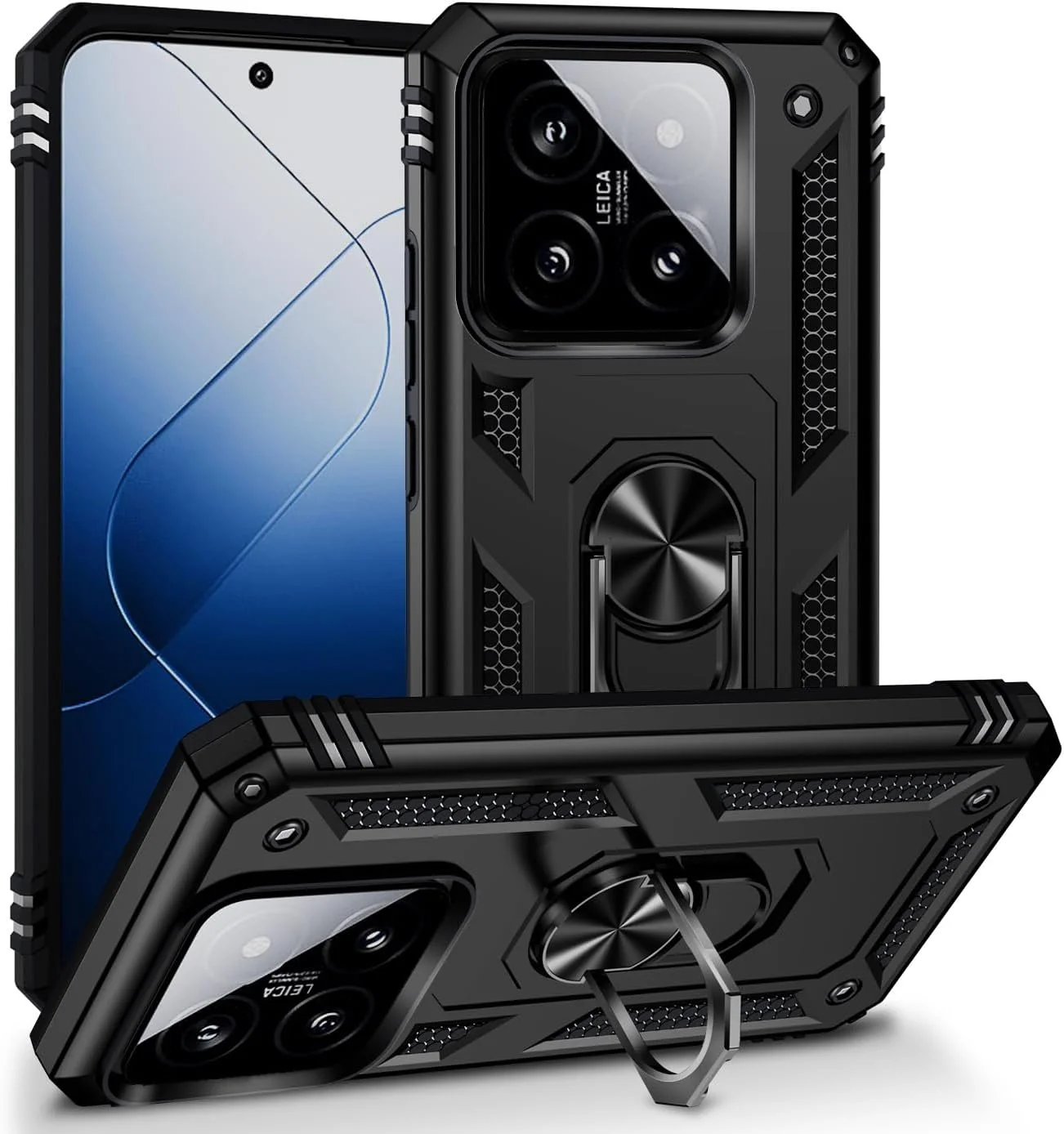 قاب محافظ دو لایه و مقاوم برای گوشی شیائومی 14 پرو، ضد ضربه و بادوام با استند حلقه ای مغناطیسی - مشکی