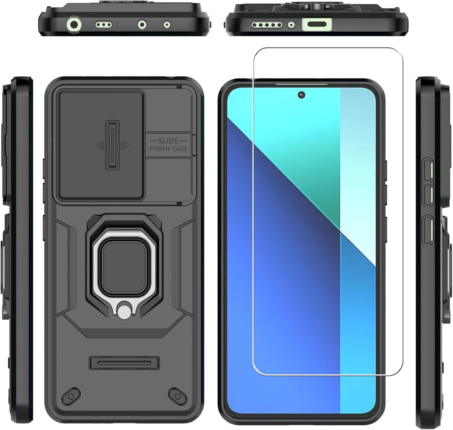 قاب محافظ مشکی رنگ مناسب برای گوشی شیائومی ردمی نوت ۱۳ 4G به همراه [2 عدد] محافظ صفحه نمایش شیشه ای حرارت دیده، محافظ زرهی مقاوم [درجه نظامی]، محافظ لنز و پایه مغناطیسی