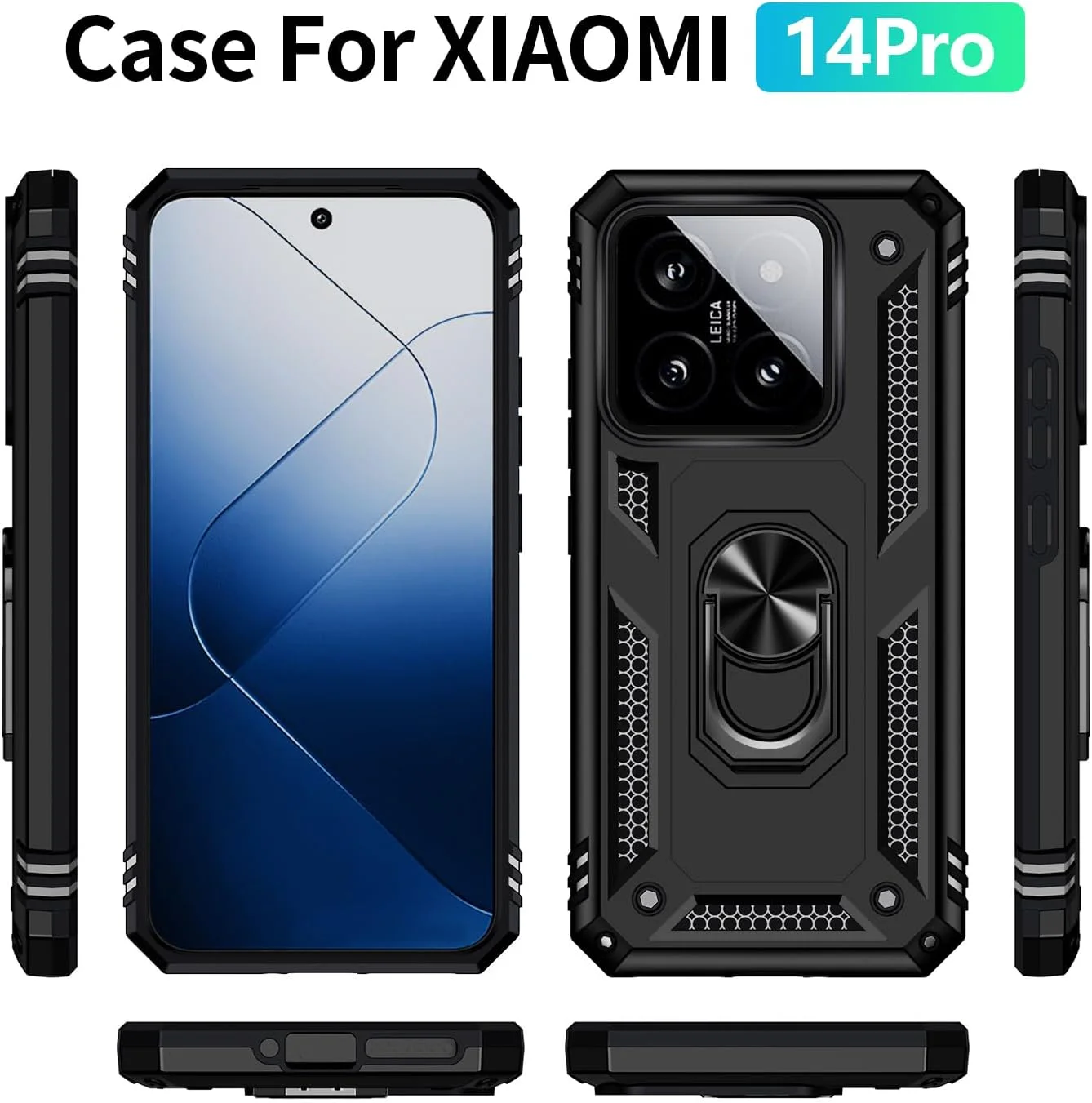 قاب محافظ دو لایه و مقاوم برای گوشی شیائومی 14 پرو، ضد ضربه و بادوام با استند حلقه ای مغناطیسی - مشکی