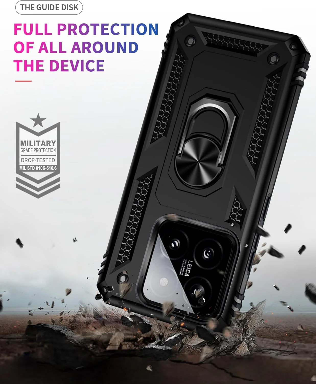 قاب محافظ دو لایه و مقاوم برای گوشی شیائومی 14 پرو، ضد ضربه و بادوام با استند حلقه ای مغناطیسی - مشکی