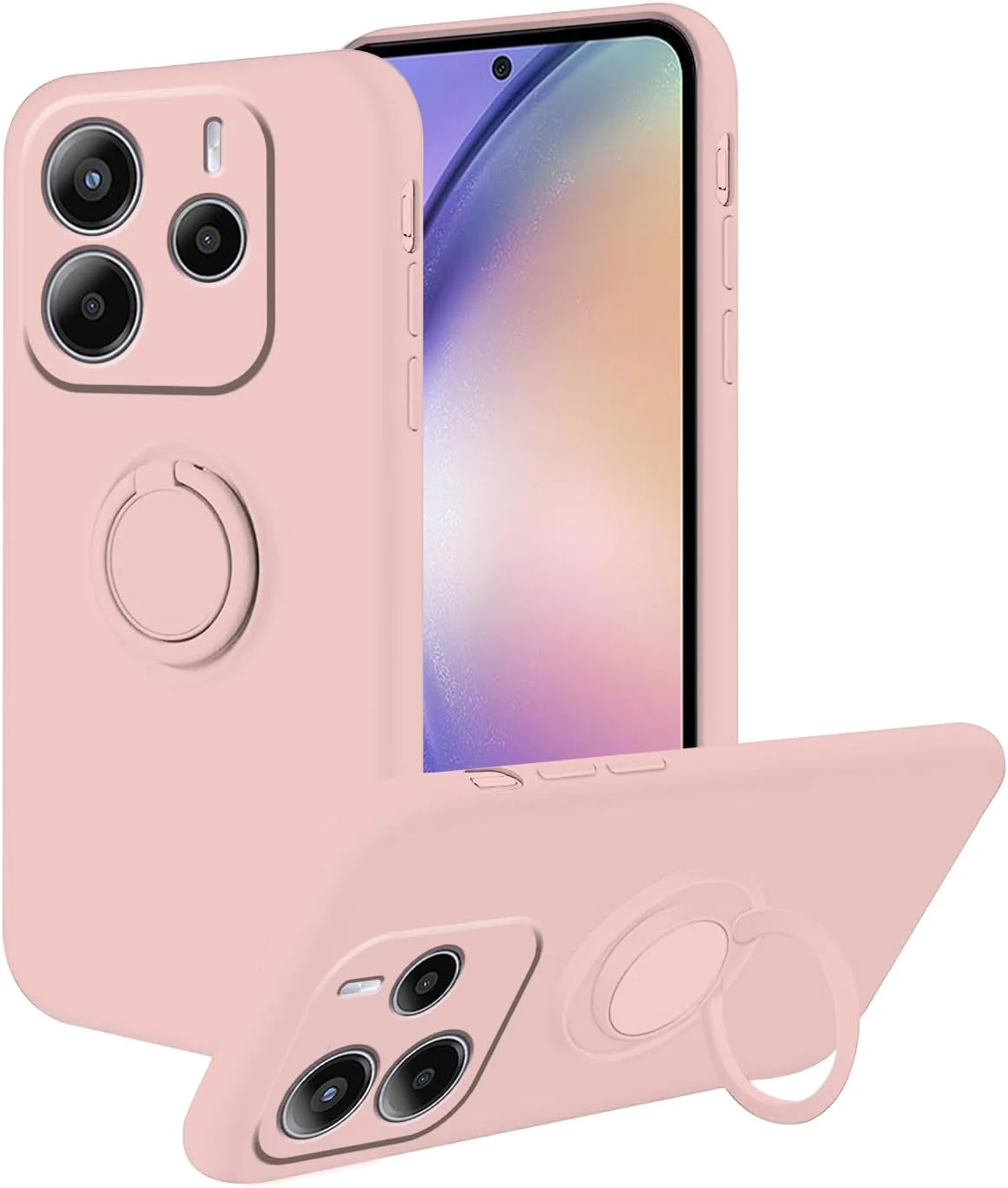 قاب سیلیکونی باریک و زیبا سازگار با گوشی شیائومی ردمی نوت 14 4G، به همراه استند حلقه ای مغناطیسی (صورتی)