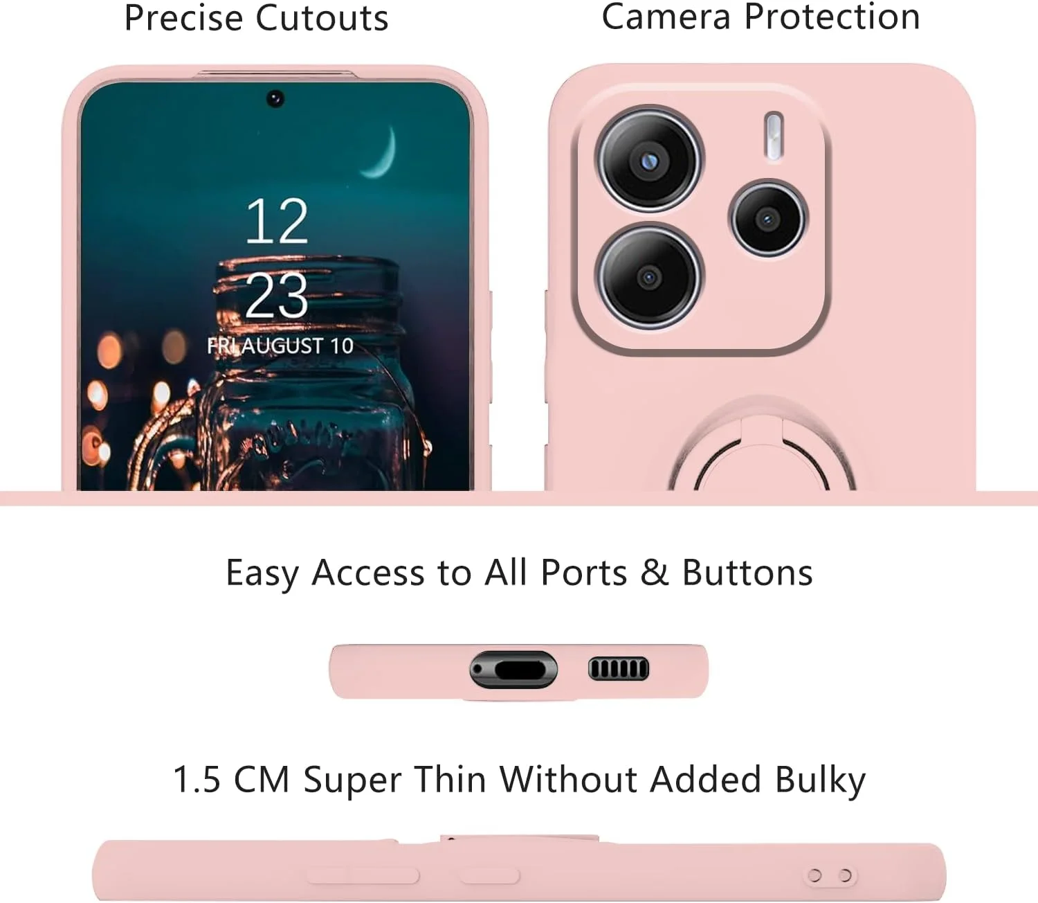 قاب سیلیکونی باریک و زیبا سازگار با گوشی شیائومی ردمی نوت 14 4G، به همراه استند حلقه ای مغناطیسی (صورتی)