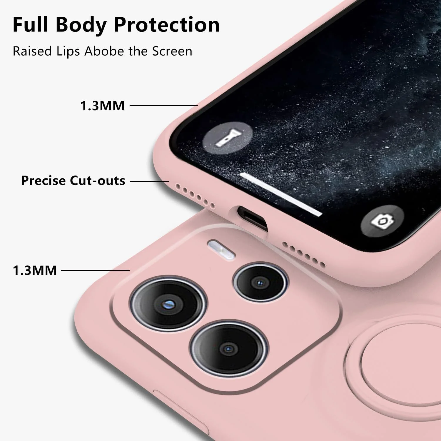 قاب سیلیکونی باریک و زیبا سازگار با گوشی شیائومی ردمی نوت 14 4G، به همراه استند حلقه ای مغناطیسی (صورتی)