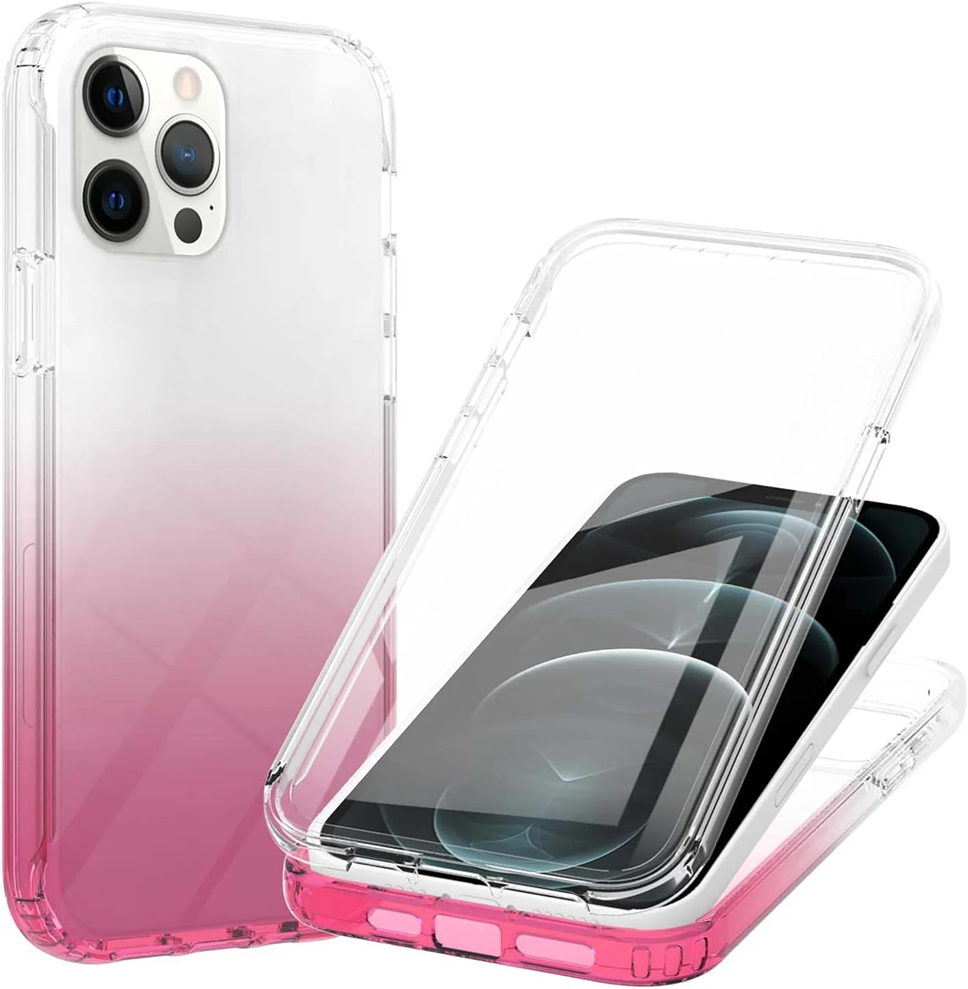 کاور گرادینت Omio برای آیفون 12 پرو مکس، کاور ضربه گیر 360 درجه با محافظ صفحه نمایش 9H داخلی برای آیفون 12 پرو مکس، کاور مقاوم ضد خش برای آیفون 12 پرو مکس صورتی