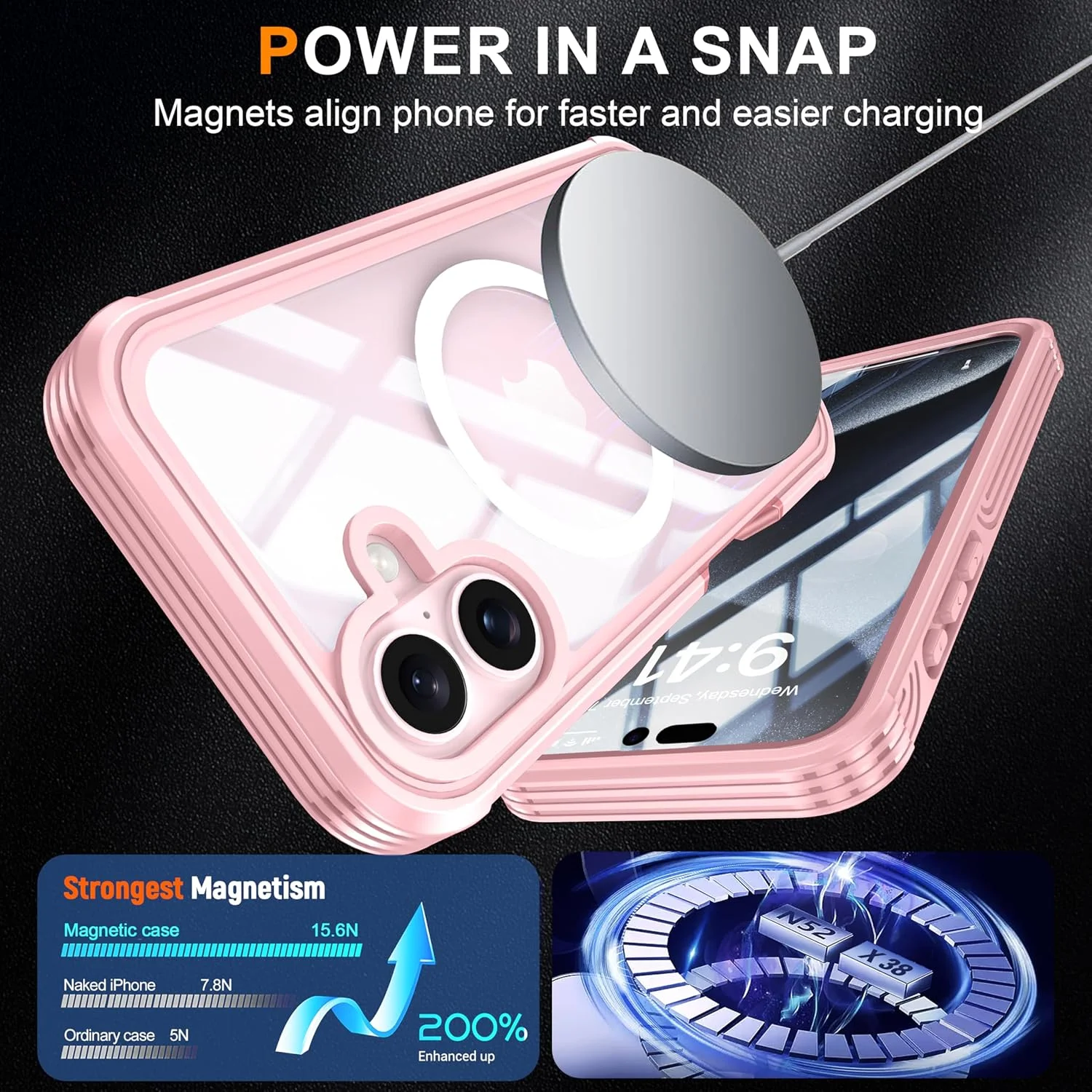 قاب محافظ کامل برای آیفون 16 پلاس، قاب آهنربایی با محافظ صفحه نمایش شیشه ای شفاف، قاب شفاف ضد گرد و غبار/آلودگی/ضربه 3 در 1