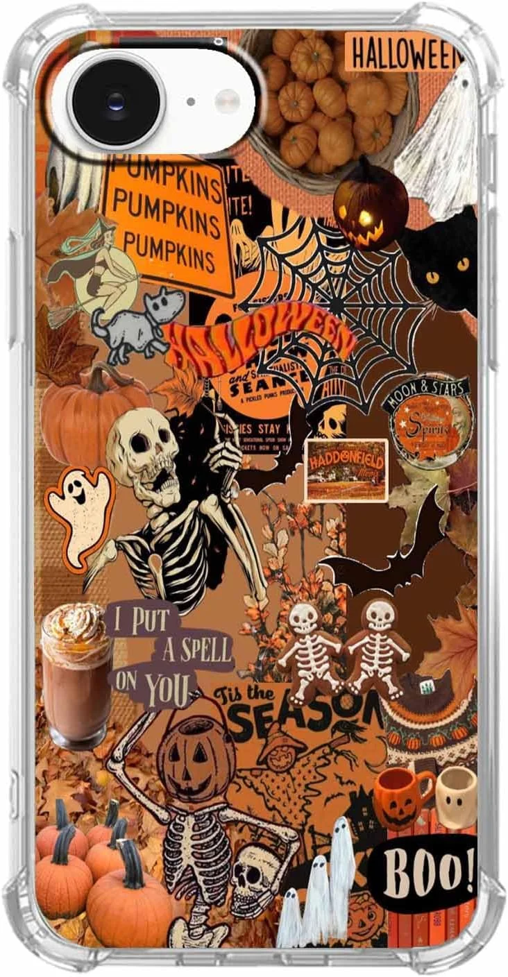 قاب گوشی آیفون 16e با طرح هالووین، کلاژ شبح کدو تنبل هیپی شبح وار، کاور گوشی سپر TPU نرم منحصر به فرد (16e، جمجمه)