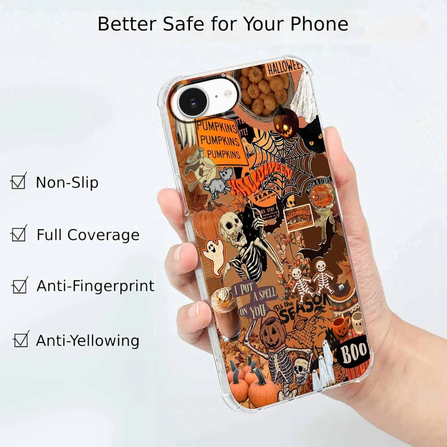 قاب گوشی آیفون 16e با طرح هالووین، کلاژ شبح کدو تنبل هیپی شبح وار، کاور گوشی سپر TPU نرم منحصر به فرد (16e، جمجمه)