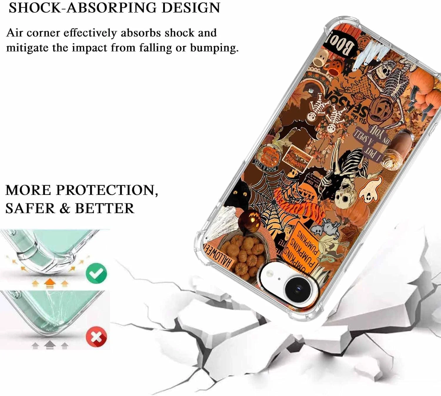 قاب گوشی آیفون 16e با طرح هالووین، کلاژ شبح کدو تنبل هیپی شبح وار، کاور گوشی سپر TPU نرم منحصر به فرد (16e، جمجمه)