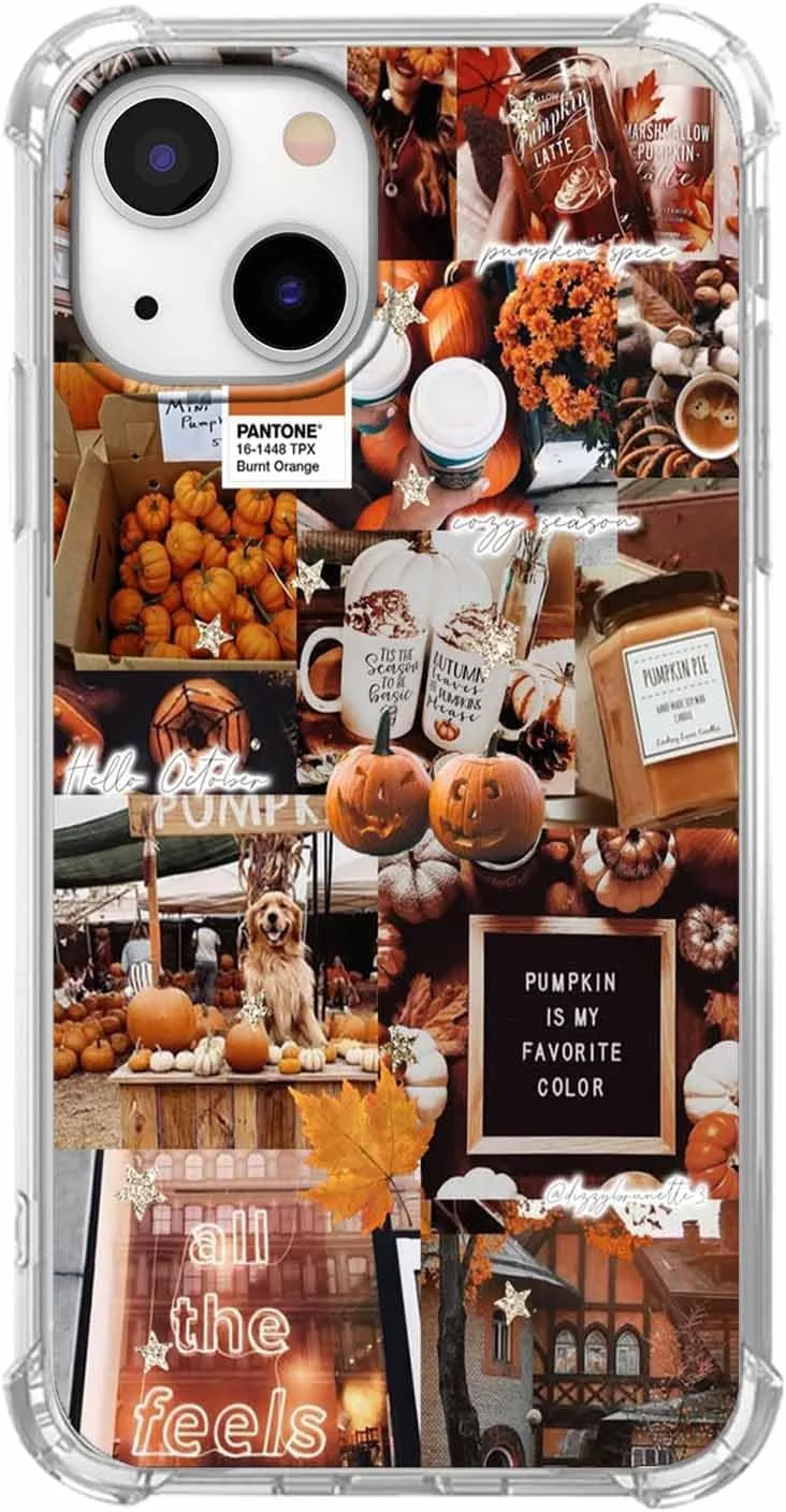 قاب گوشی آیفون 14 و آیفون 13 با طرح پاییزی، کلاژ زیبای هالووین کدو تنبل، کاور گوشی نرم و منحصر به فرد TPU (14، پاییز)
