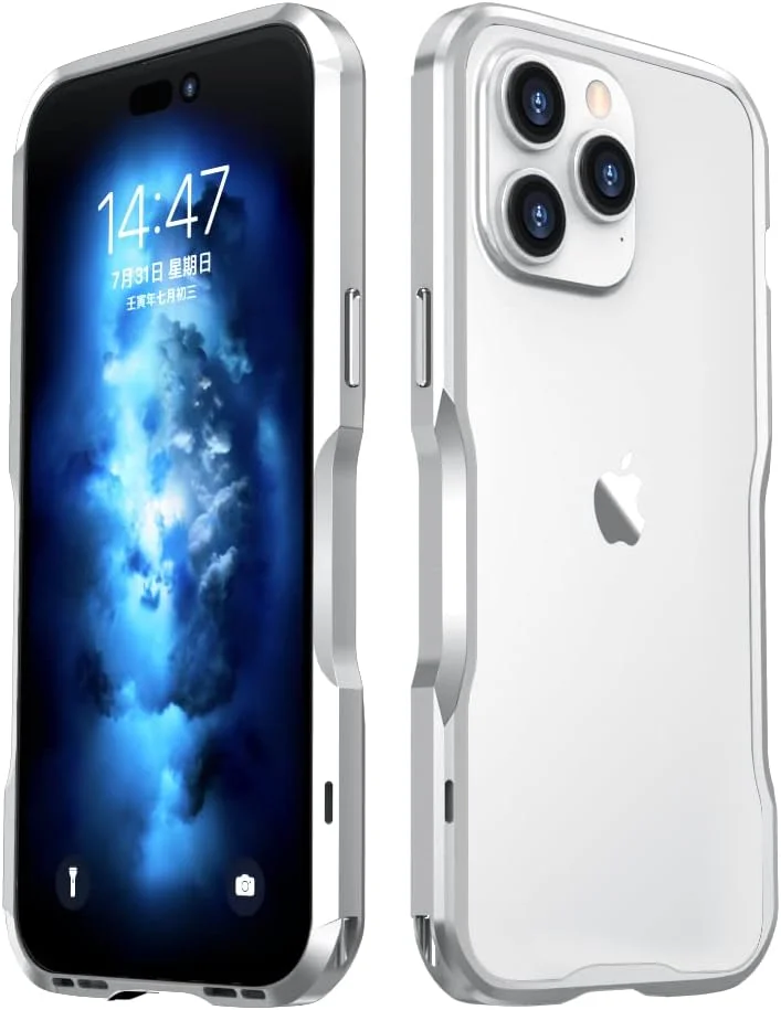 کاور بامپر آلومینیومی HENGHUI سازگار با آیفون 14 پرو مکس - فریم فلزی باریک و ضد ضربه (نقره ای)