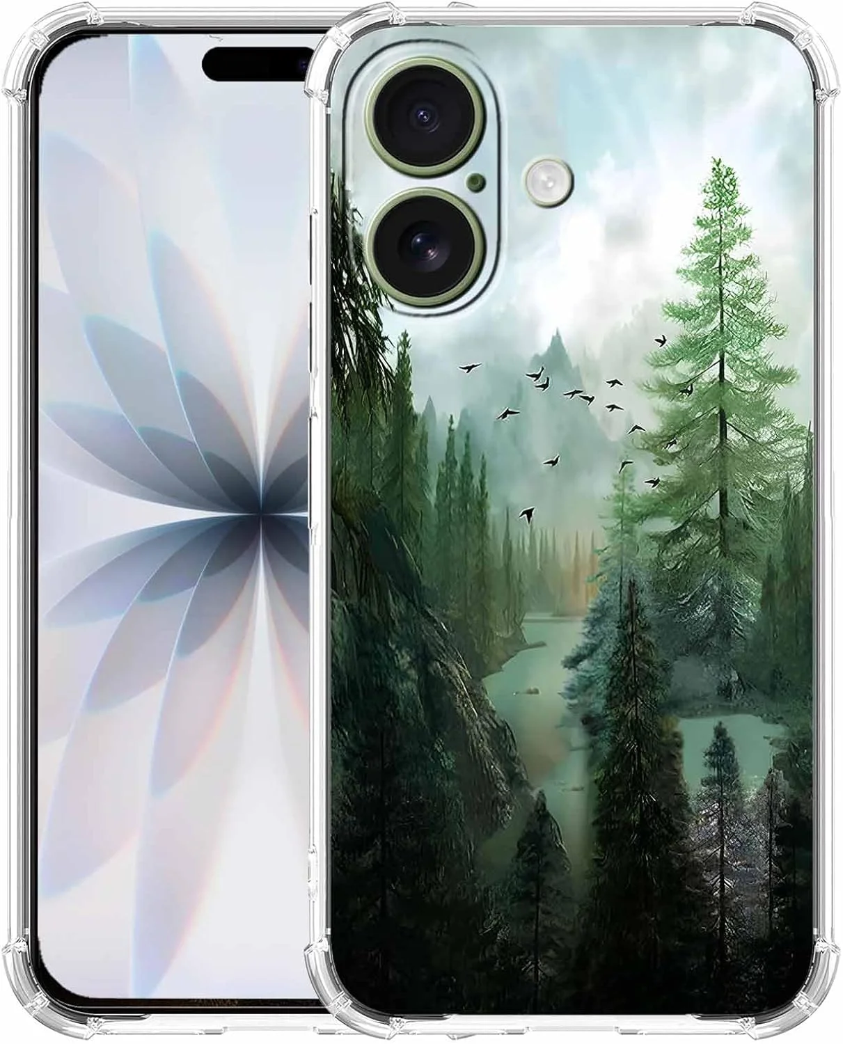 قاب گوشی آیفون 17 با طرح جنگل، کوهستان و پرندگان، طرح منظره زیبای طبیعت، کاور گوشی سپر TPU نرم (17، چوب)