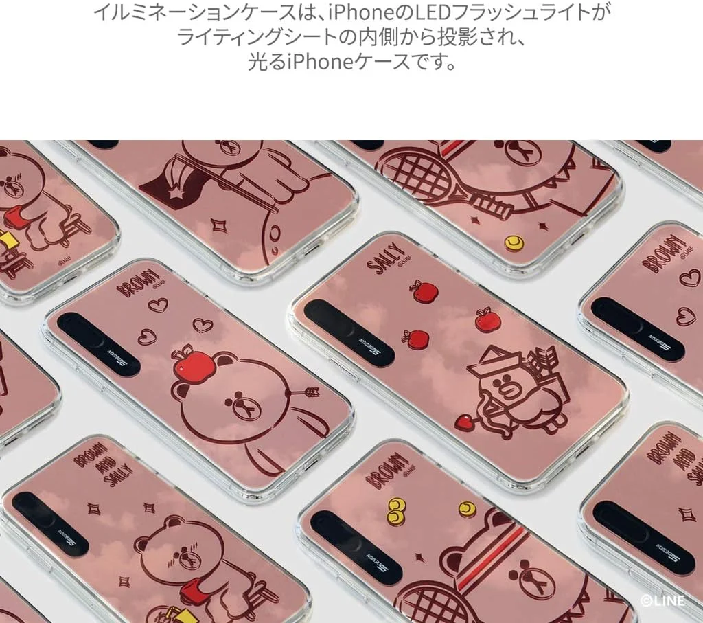 قاب گوشی آیفون Xs مدل LINE Friends KCM-LSS004، قاب گوشی آیفون X، آینه چراغ دار Sally's Imagination Brown Tennis Light، سازگار با شارژ بی سیم 5.8 اینچی