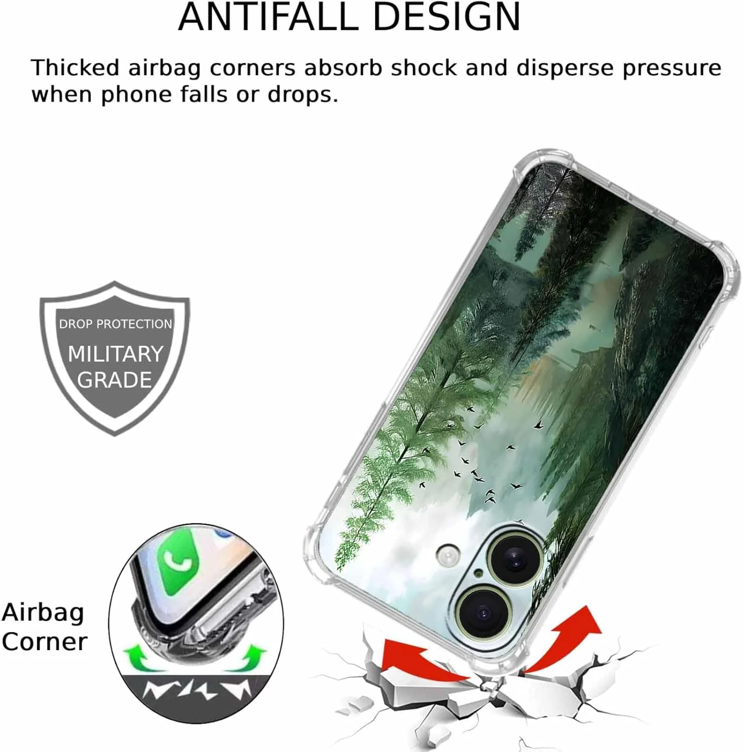 قاب گوشی آیفون 17 با طرح جنگل، کوهستان و پرندگان، طرح منظره زیبای طبیعت، کاور گوشی سپر TPU نرم (17، چوب)