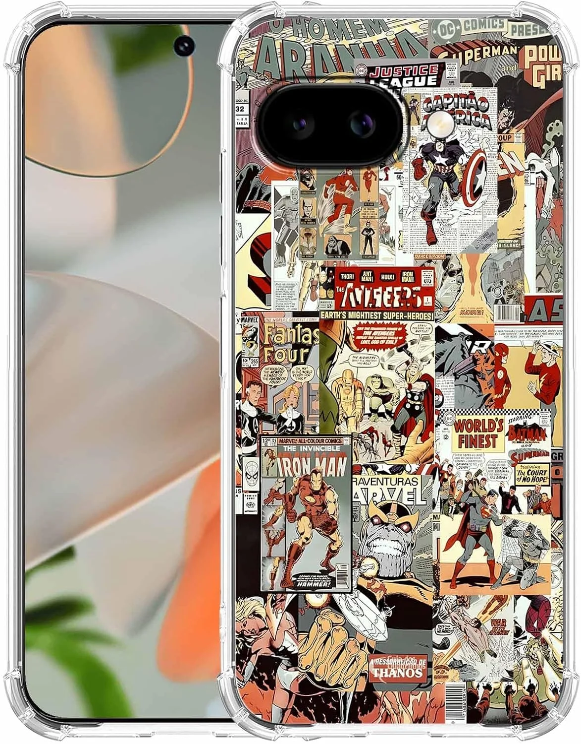 کاور گوشی گوگل پیکسل 9a با طرح ابرقهرمانی، الگوی کلاژ هنری کارتونی کمیک، کاور نرم و شفاف TPU، 6.3 اینچ (قهرمان، p9a)