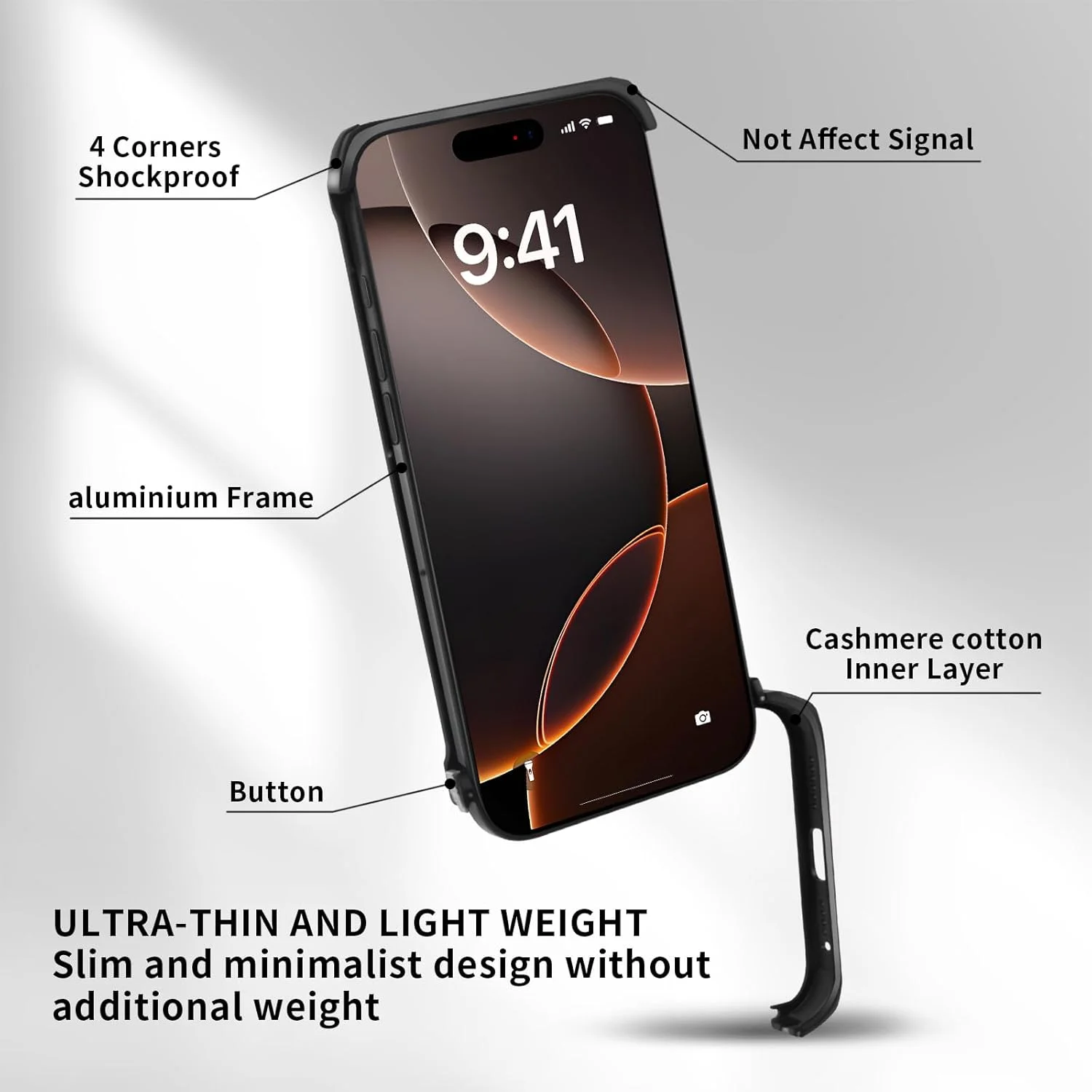 محافظ فلزی دور گوشی آیفون ۱۷، باریک و بدون قاب پشتی، سازگار با MagSafe، مقاوم در برابر ضربه در ۴ گوشه (مشکی)