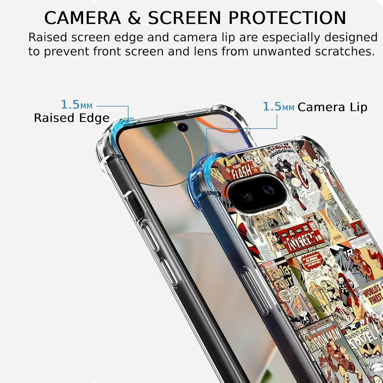 کاور گوشی گوگل پیکسل 9a با طرح ابرقهرمانی، الگوی کلاژ هنری کارتونی کمیک، کاور نرم و شفاف TPU، 6.3 اینچ (قهرمان، p9a)