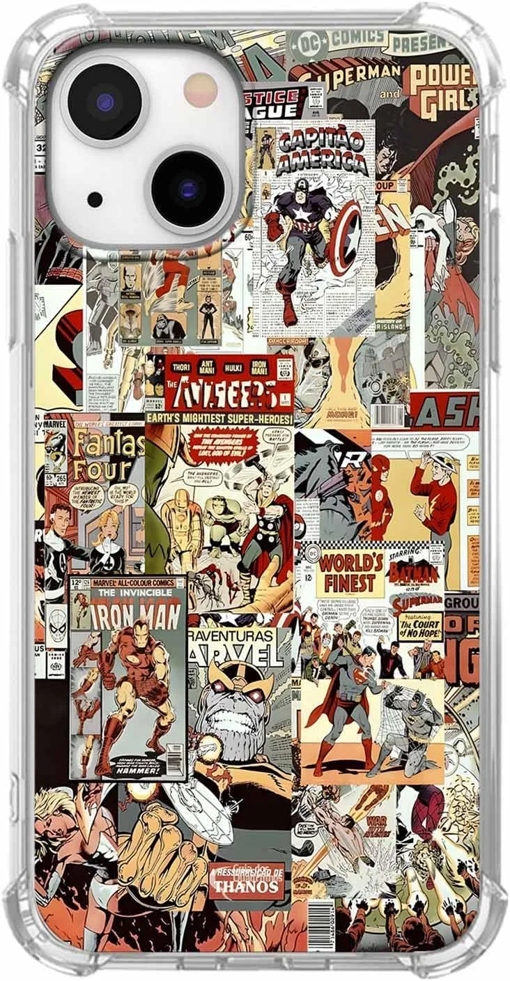 قاب محافظ گوشی آیفون 14 و آیفون 13 با طرح ابرقهرمانی، طرح کولاژ هنری کمیک کارتونی، قاب نرم و شفاف TPU، 6.1 اینچ (قهرمان، 14)