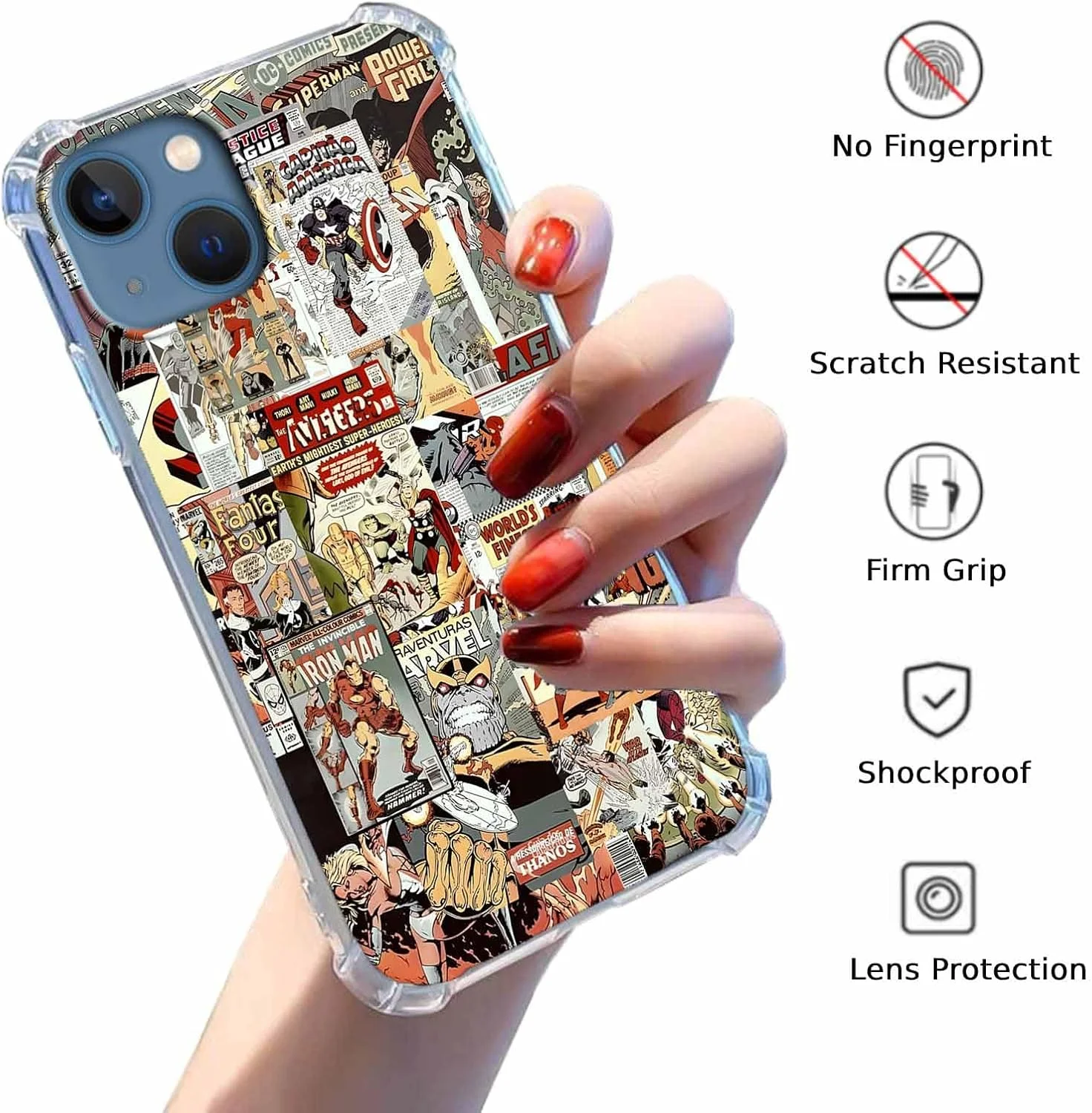 قاب محافظ گوشی آیفون 14 و آیفون 13 با طرح ابرقهرمانی، طرح کولاژ هنری کمیک کارتونی، قاب نرم و شفاف TPU، 6.1 اینچ (قهرمان، 14)