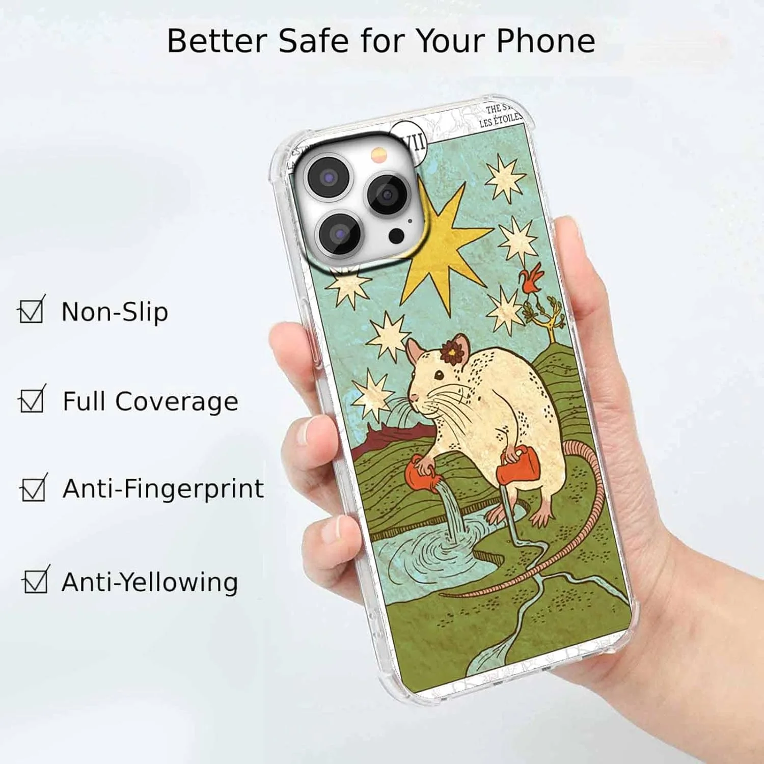 قاب گوشی آیفون 14 پرو مکس با طرح کارت تاروت، الگوی موش زیبا و جذاب، کاور بامپر TPU نرم و مد روز، 6.7 اینچ (موش، 14pm)