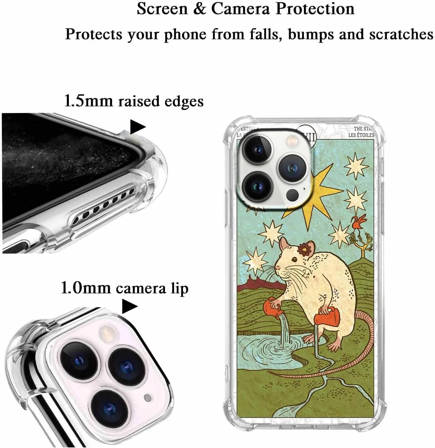 قاب گوشی آیفون 14 پرو مکس با طرح کارت تاروت، الگوی موش زیبا و جذاب، کاور بامپر TPU نرم و مد روز، 6.7 اینچ (موش، 14pm)