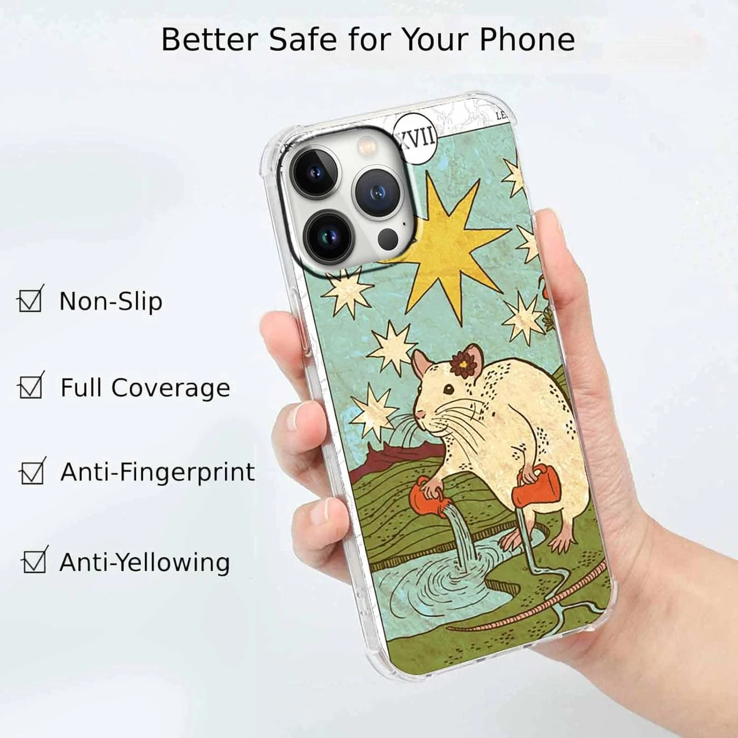 قاب گوشی آیفون 15 پرو با طرح کارت تاروت، طرح زیبای موش، کاور بامپر TPU نرم و شیک، 6.1 اینچ (موش، 15pr)