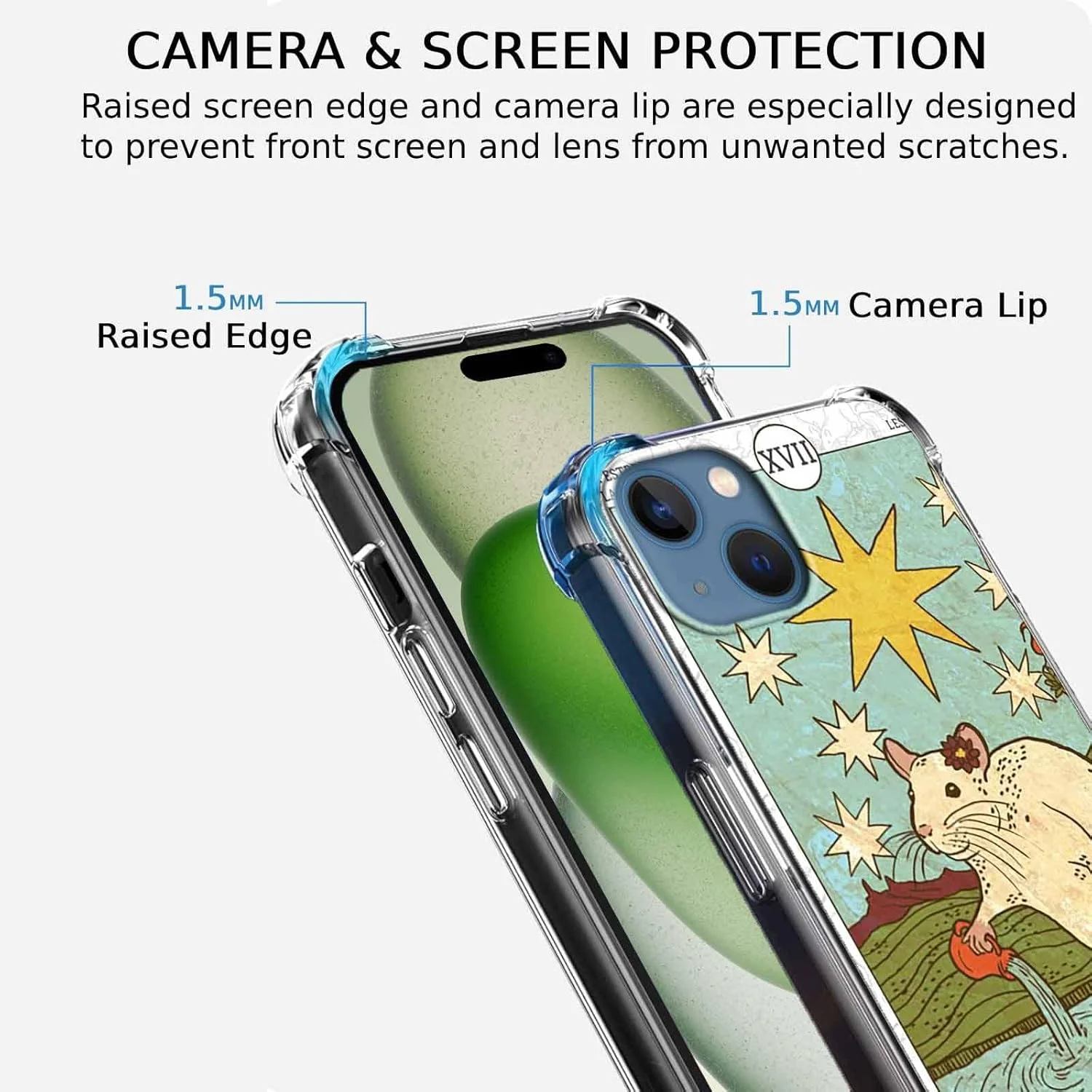 کاور گوشی آیفون 15 پلاس/ 14 پلاس با طرح کارت تاروت، طرح زیبای موش، کاور بامپر TPU نرم و شیک، 6.7 اینچ (موش، 15pl)