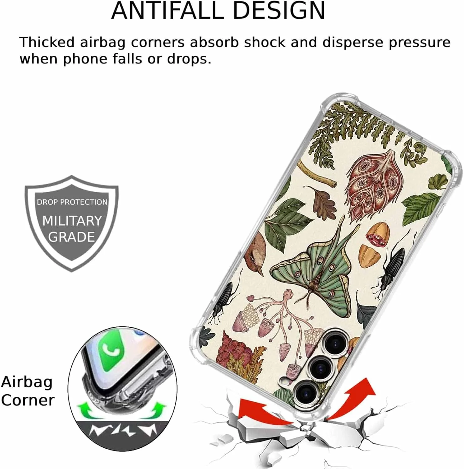 قاب گوشی سامسونگ گلکسی اس 23 با طرح هنری گیاه‌شناسی، الگوی پروانه و قارچ کلبه‌ای قدیمی و زیبا، کاور گوشی ضربه‌گیر TPU نرم و شیک، 6.1 اینچ (پروانه، S23)