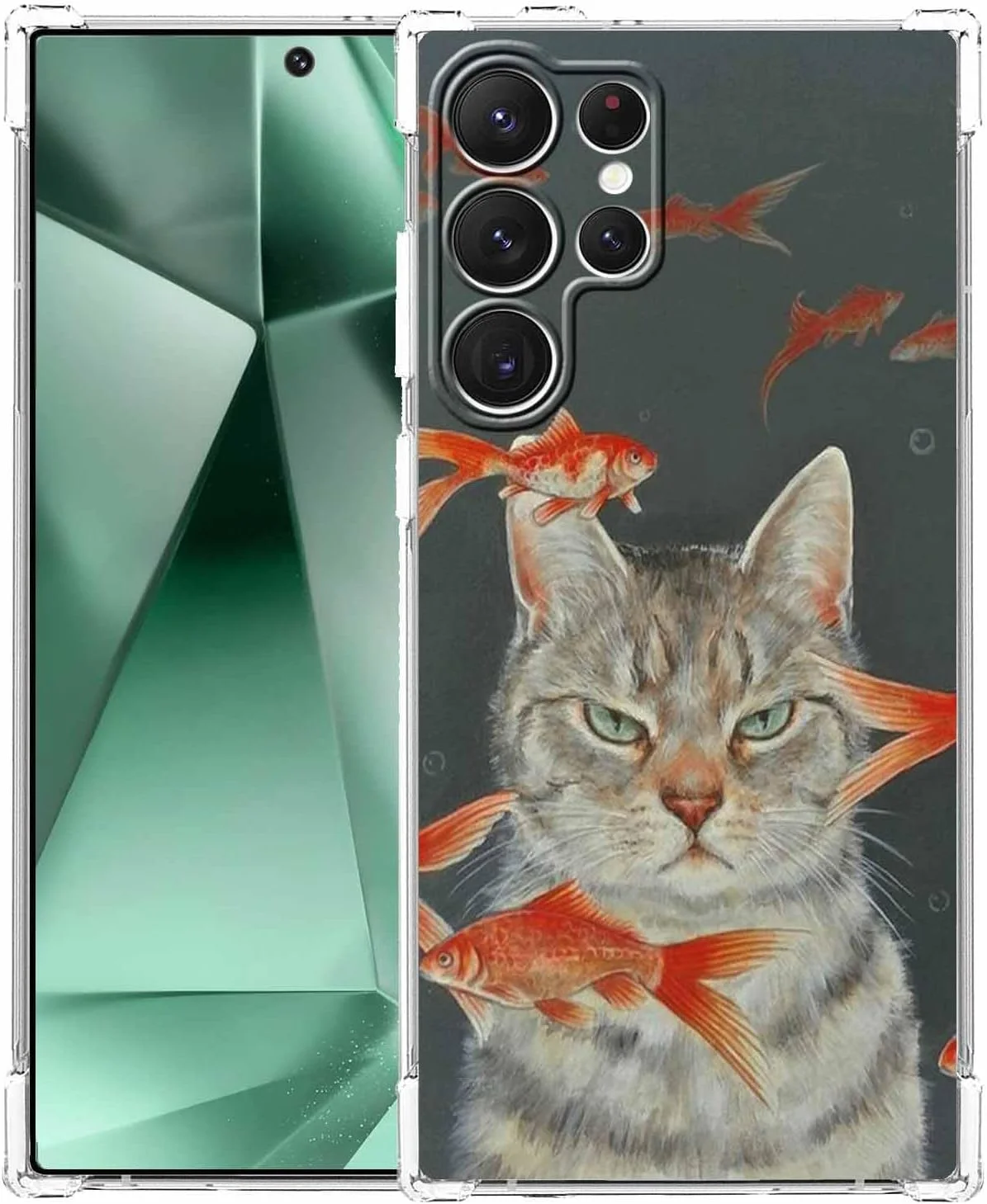 کاور گوشی گلکسی S24 Ultra با طرح گربه باحال، طرح گربه ناز و ماهی قرمز، کاور نرم و شفاف TPU، 6.8 اینچ (گربه، s24u)
