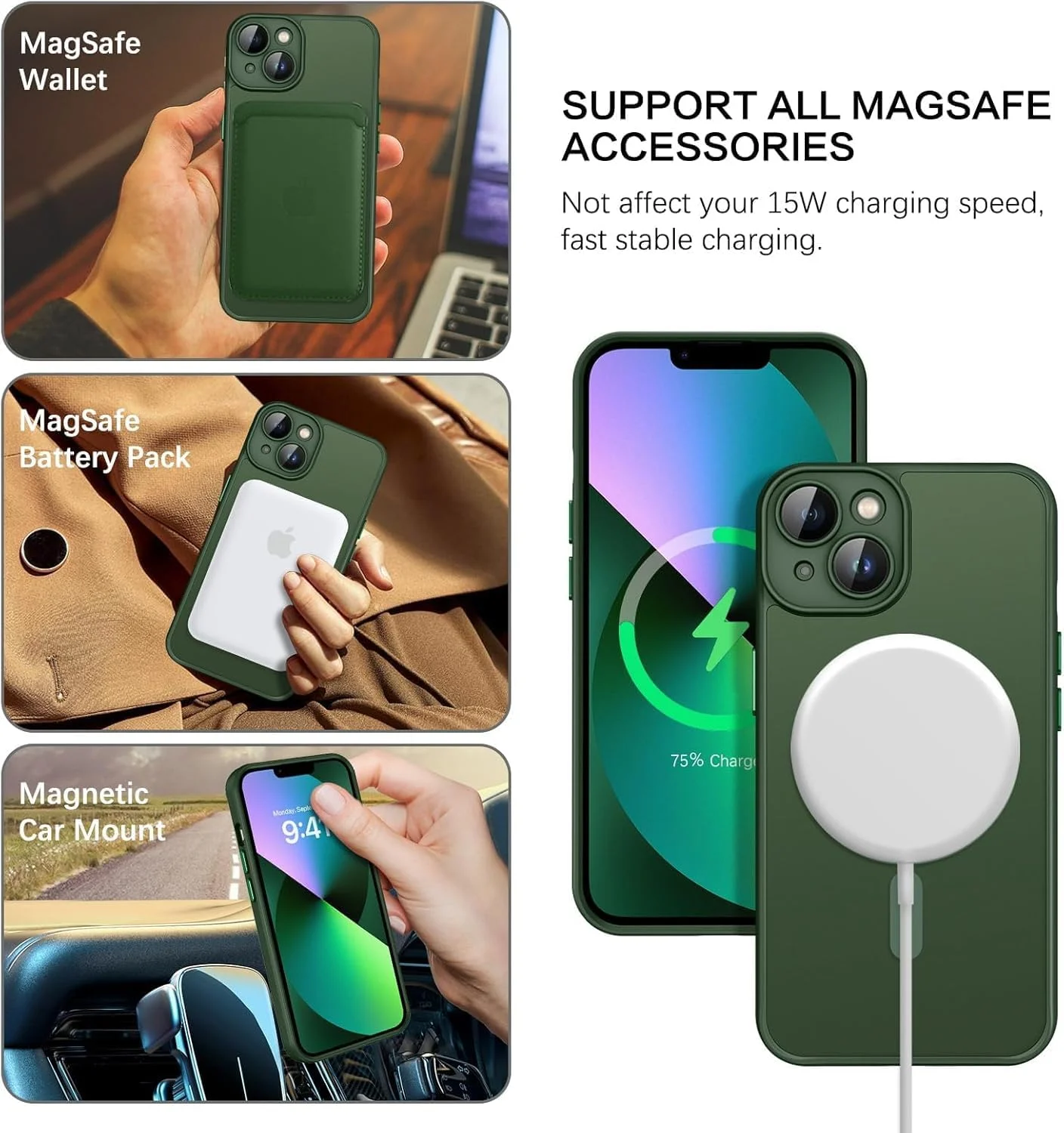 قاب محافظ مغناطیسی آیفون 13، طراحی مات بسیار نازک، محافظت در برابر ضربه و سقوط، مناسب دختر، زن، پسر، مرد، آیفون 13 6.1 اینچ (iPhone15 PRO، سبز تیره)