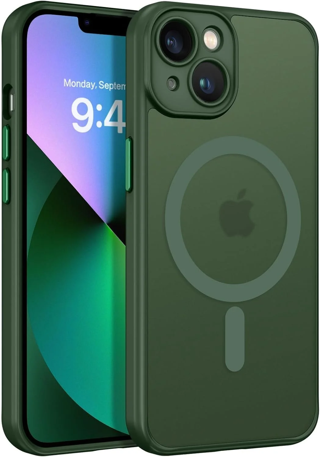 قاب محافظ مغناطیسی آیفون 13، طراحی مات روکش بسیار نازک، محافظت در برابر ضربه و سقوط، مناسب دختر، زن، پسر، مرد، آیفون 13 6.1 اینچ (iPhone16 e، سبز تیره)